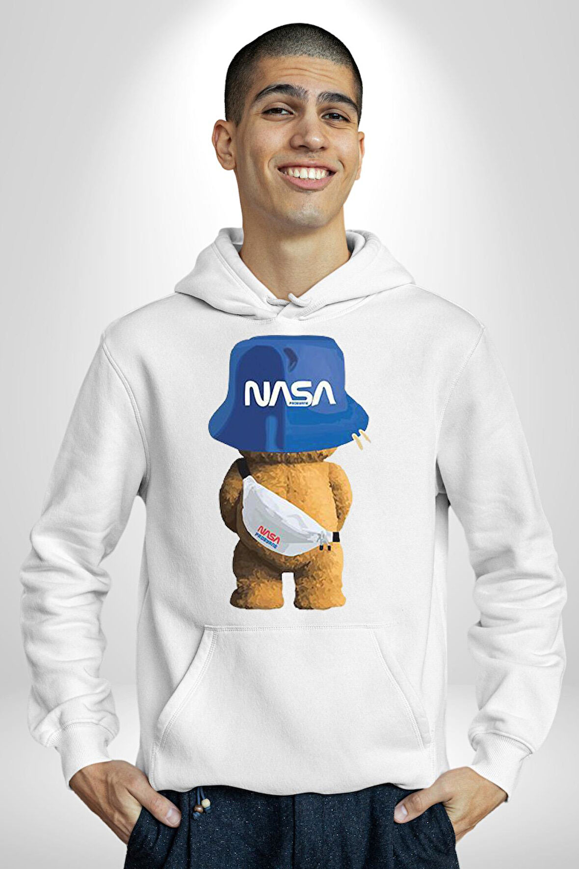 Nasa Moda Trend Ayı Teddy Bel Çantası Erkek Kadın Beyaz Dijital Baskılı Kapüşonlu Sweatshirt Hoodie