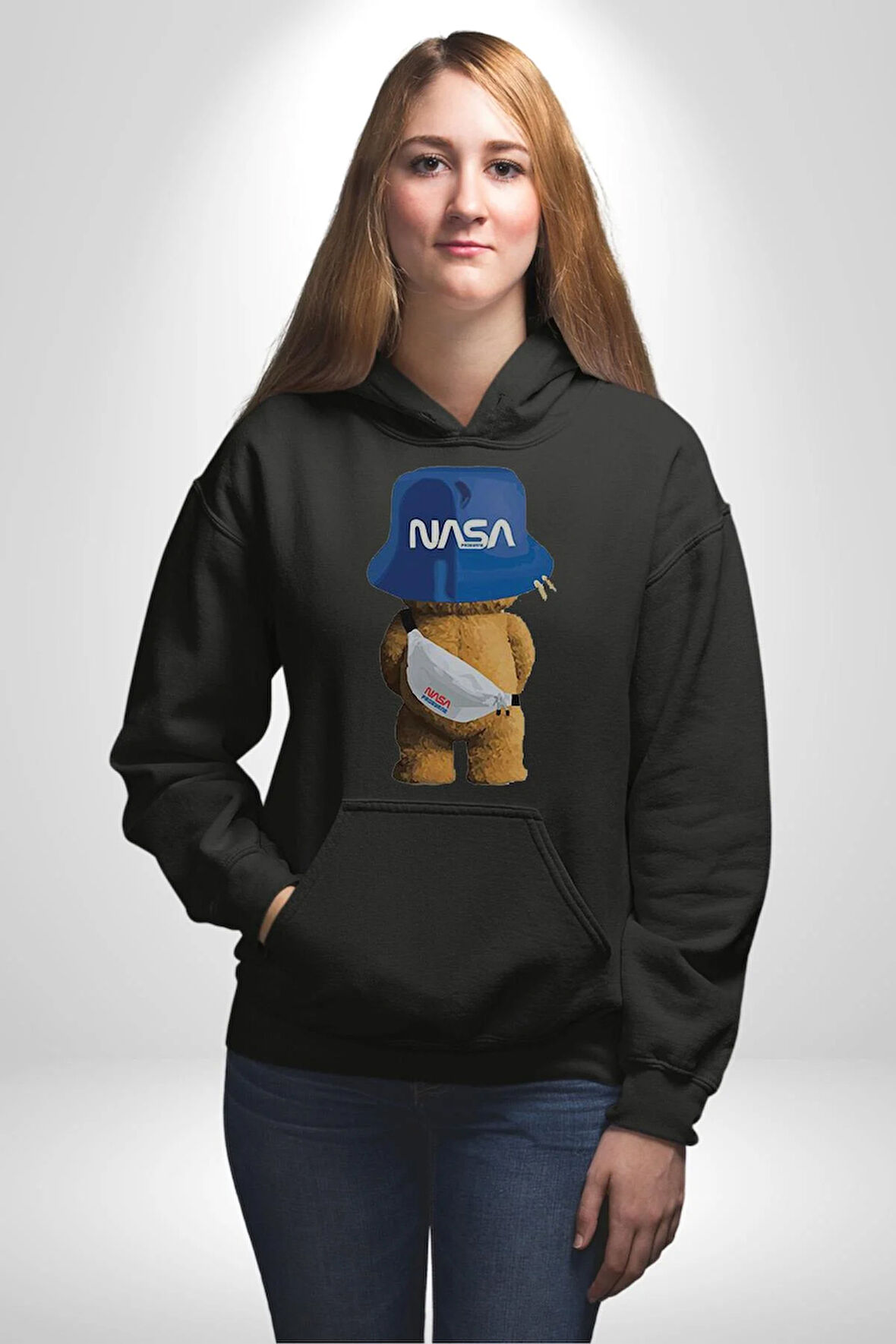 Nasa Moda Trend Ayı Teddy Bel Çantası Erkek Kadın Siyah Dijital Baskılı Kapüşonlu Sweatshirt Hoodie