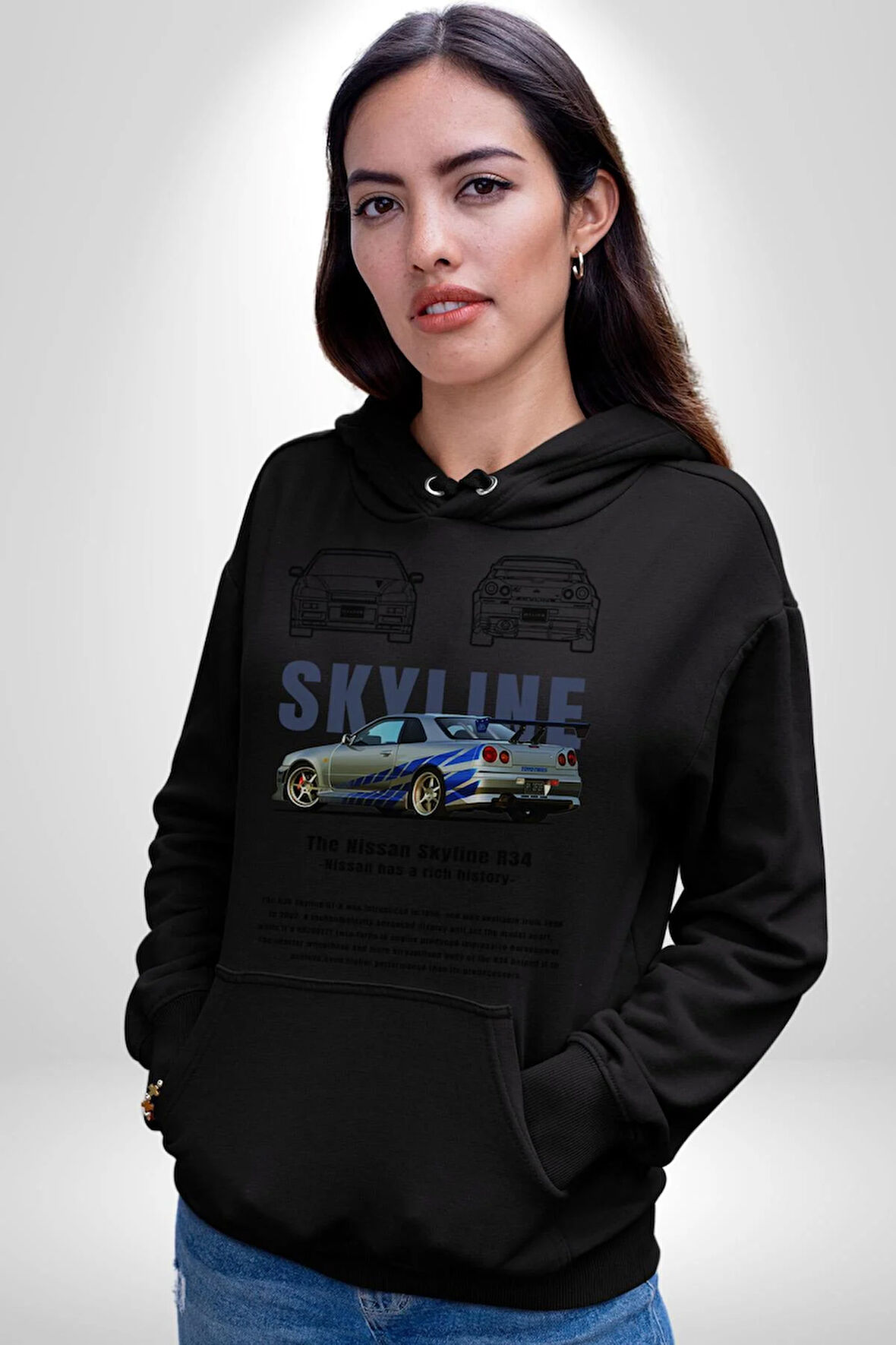Skyline Nissan Hızlı Ve Öfkeli Erkek Kadın Siyah Dijital Baskılı Kapüşonlu Sweatshirt Hoodie