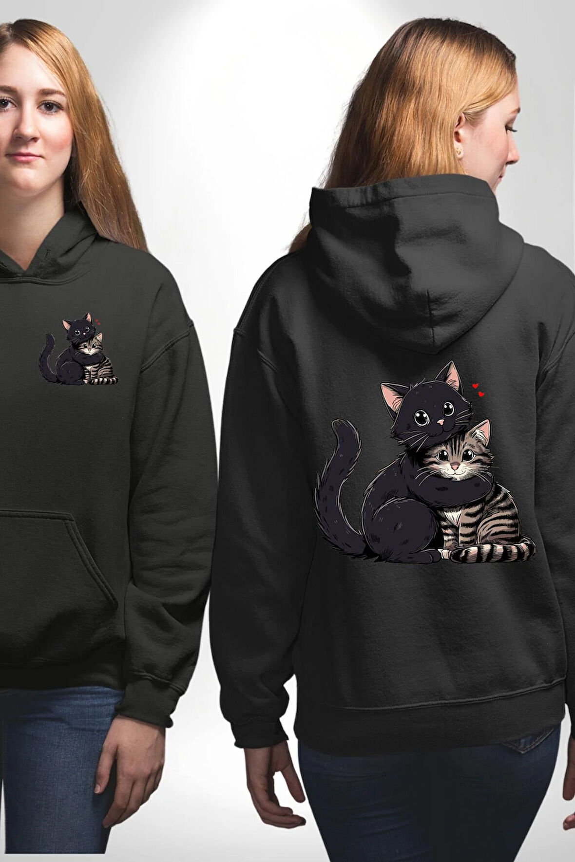 Gül Tasarım Wardiere Erkek Kadın Siyah Ön Sırt Baskılı Kapüşonlu Sweatshirt Hoodie