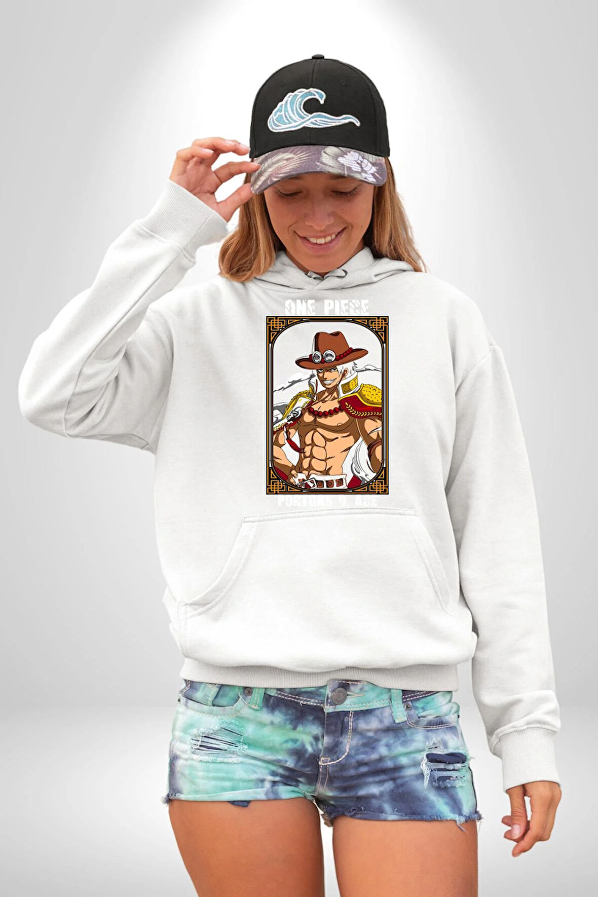 One Piece Anime Portgas D. Ace Erkek Kadın Beyaz Dijital Baskılı Kapüşonlu Sweatshirt Hoodie