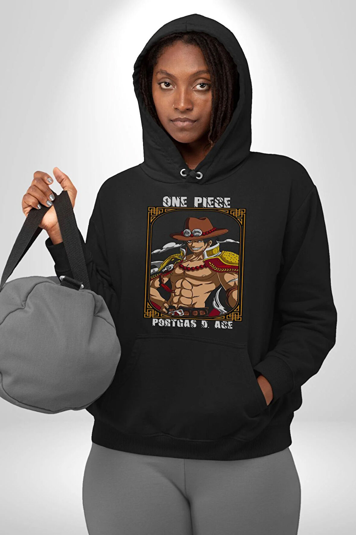 One Piece Anime Portgas D. Ace Erkek Kadın Siyah Dijital Baskılı Kapüşonlu Sweatshirt Hoodie