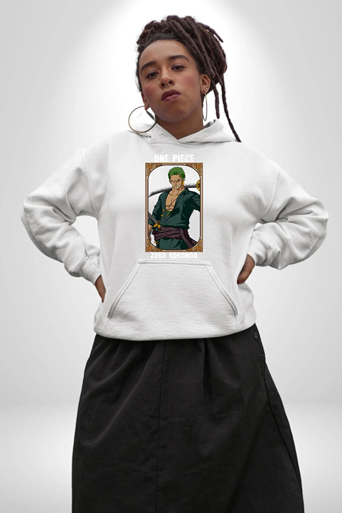 One Piece Anime Roronoa Zoro Erkek Kadın Beyaz Dijital Baskılı Kapüşonlu Sweatshirt Hoodie