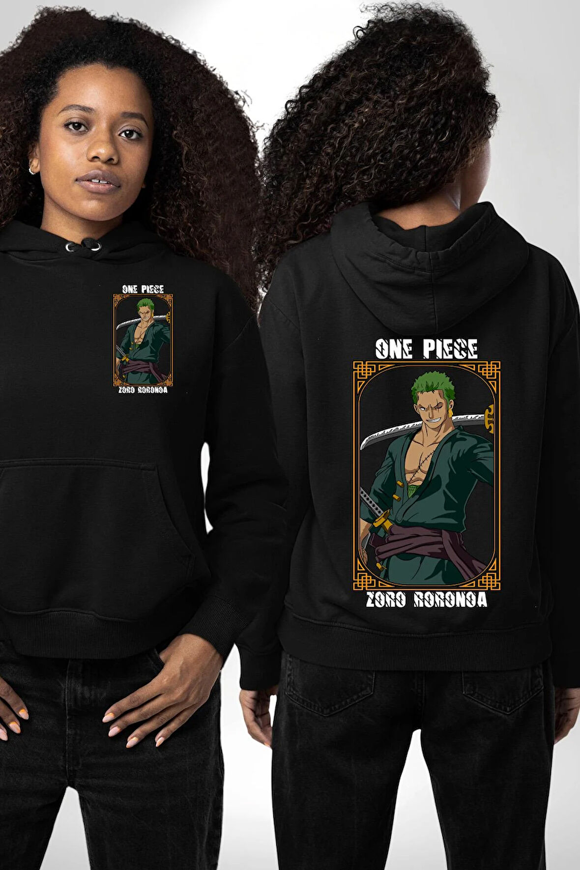 One Piece Anime Roronoa Zoro Erkek Kadın Siyah Ön Sırt Baskılı Kapüşonlu Sweatshirt Hoodie