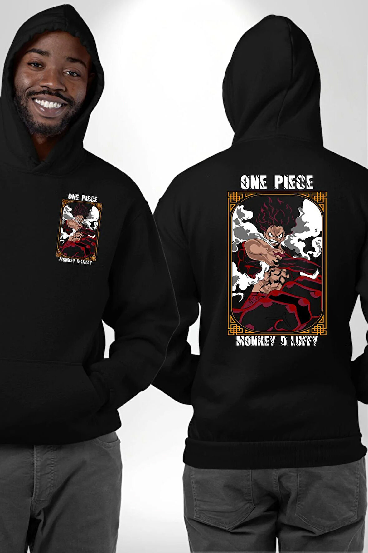 One Piece Anime Tentionmaru Erkek Kadın Siyah Ön Sırt Baskılı Kapüşonlu Sweatshirt Hoodie