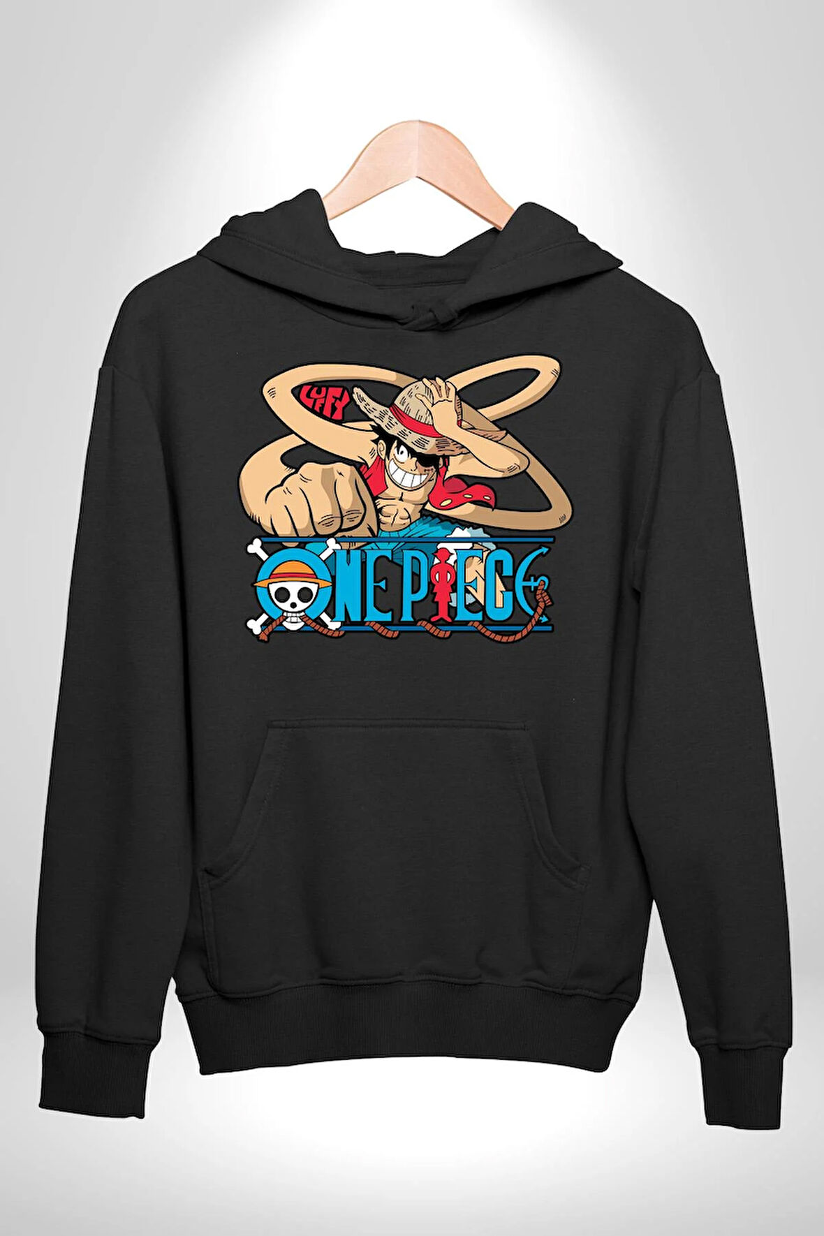 One Piece Luffy Anime Erkek Kadın Siyah Dijital Baskılı Kapüşonlu Sweatshirt Hoodie