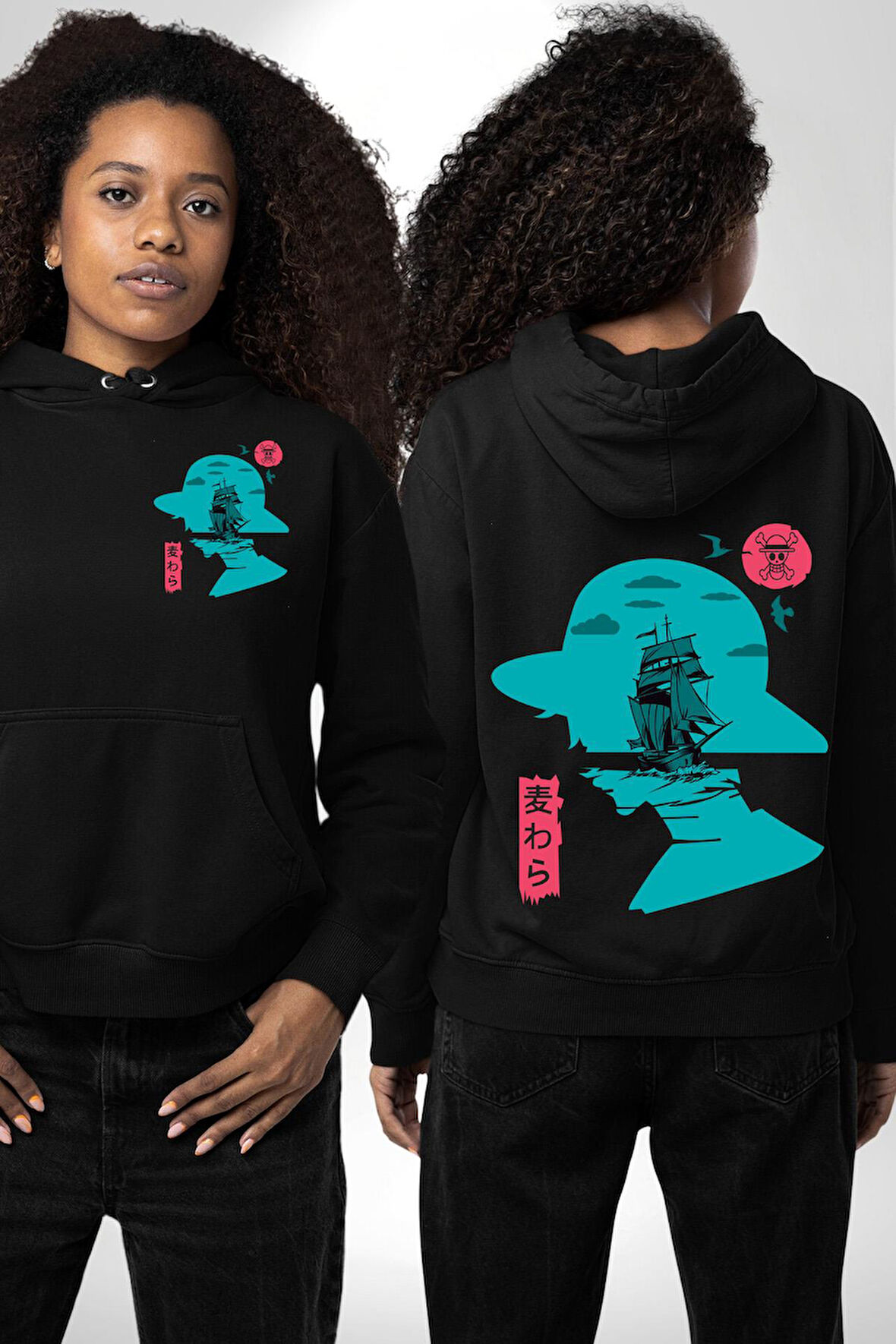 Luffy Korsan Gemisi Erkek Kadın Siyah Ön Sırt Baskılı Kapüşonlu Sweatshirt Hoodie