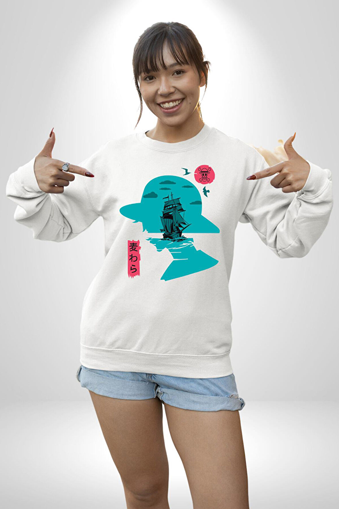 Luffy Korsan Gemisi Erkek Kadın Unisex Dijital Baskılı Beyaz Sweatshirt
