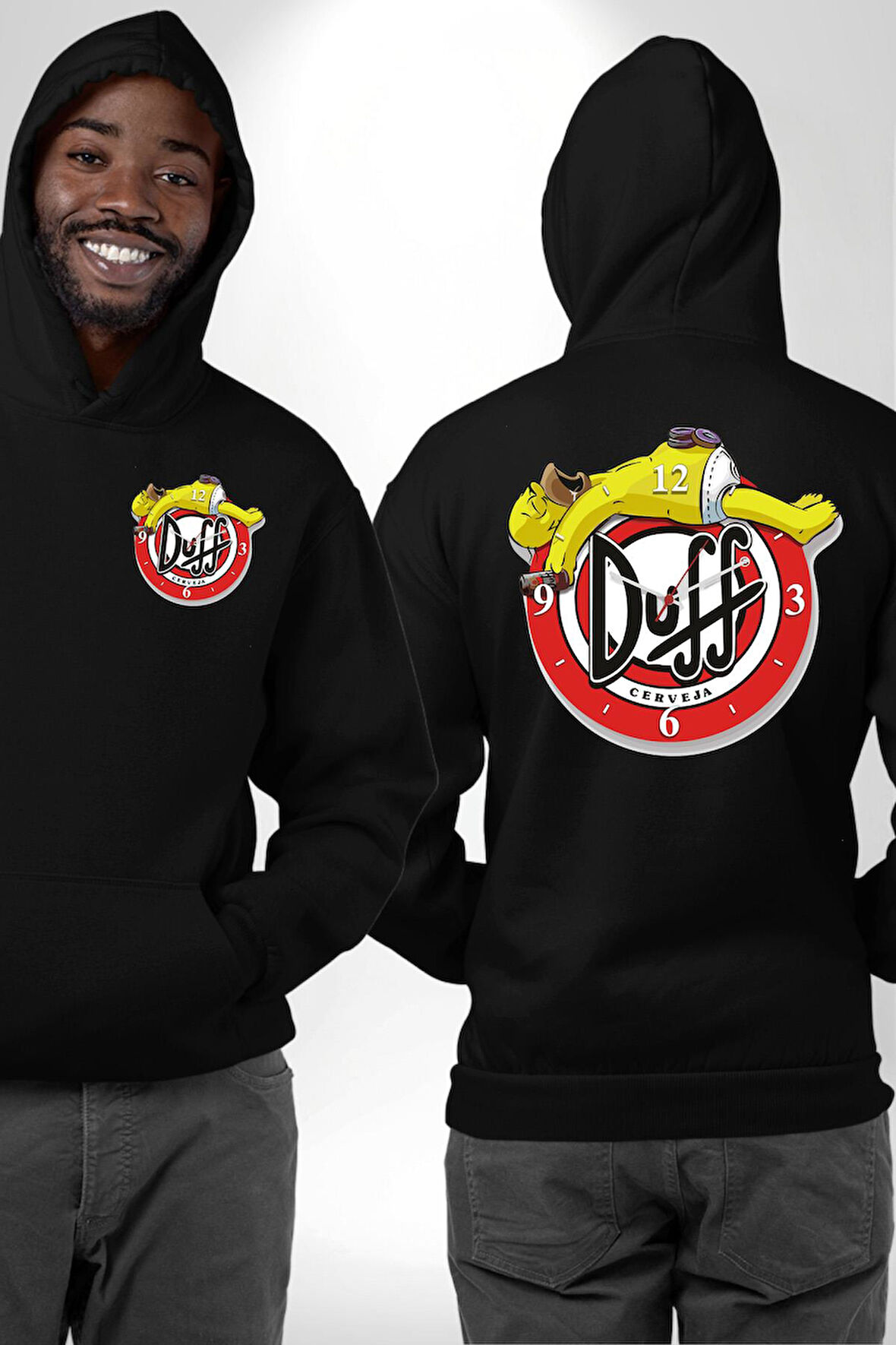 Duff Saat Karikatür Tasarım Erkek Kadın Siyah Ön Sırt Baskılı Kapüşonlu Sweatshirt Hoodie