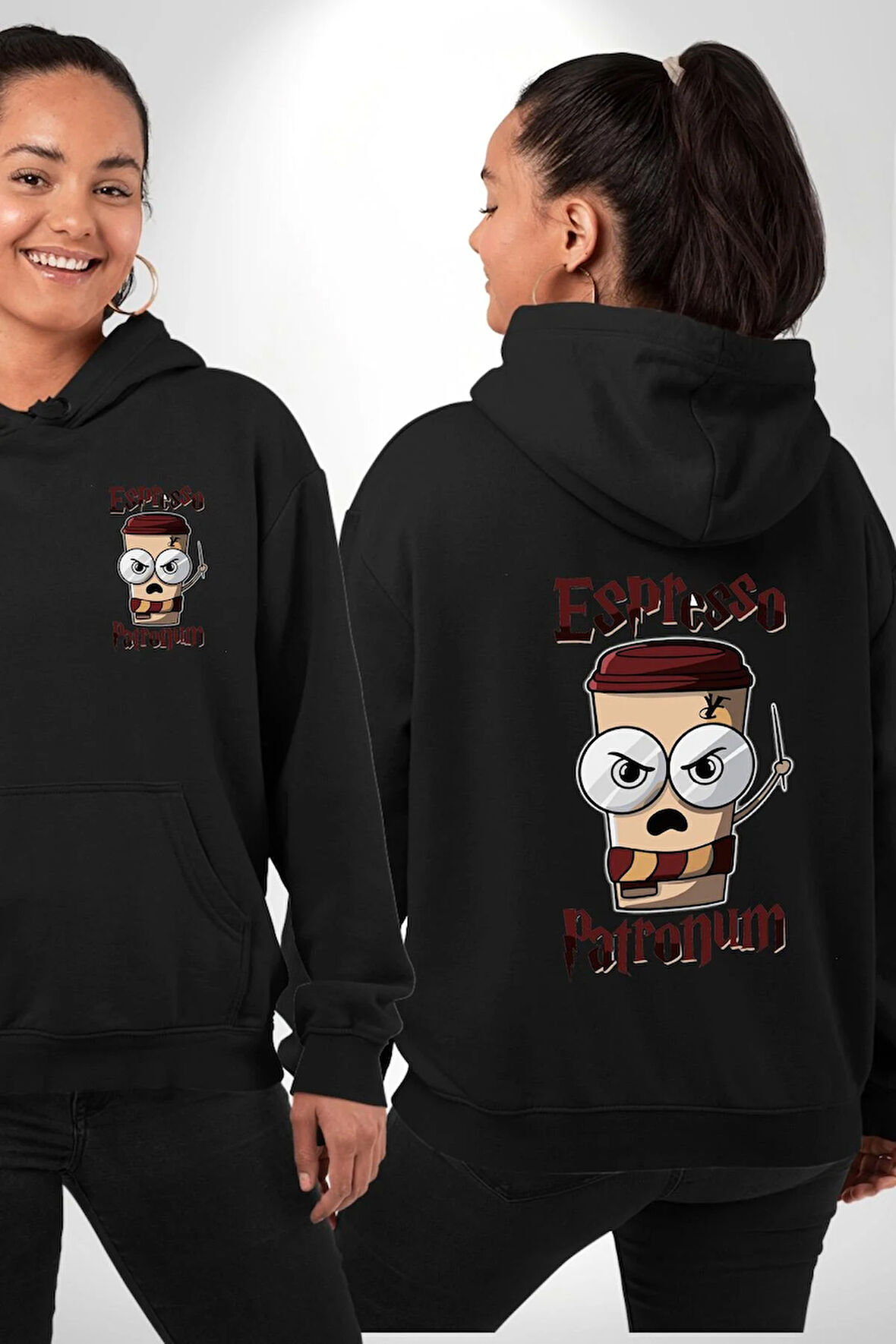 Espresso Patronum Kahve Temalı Tasarım Erkek Kadın Siyah Ön Sırt Baskılı Kapüşonlu Sweatshirt Hoodie