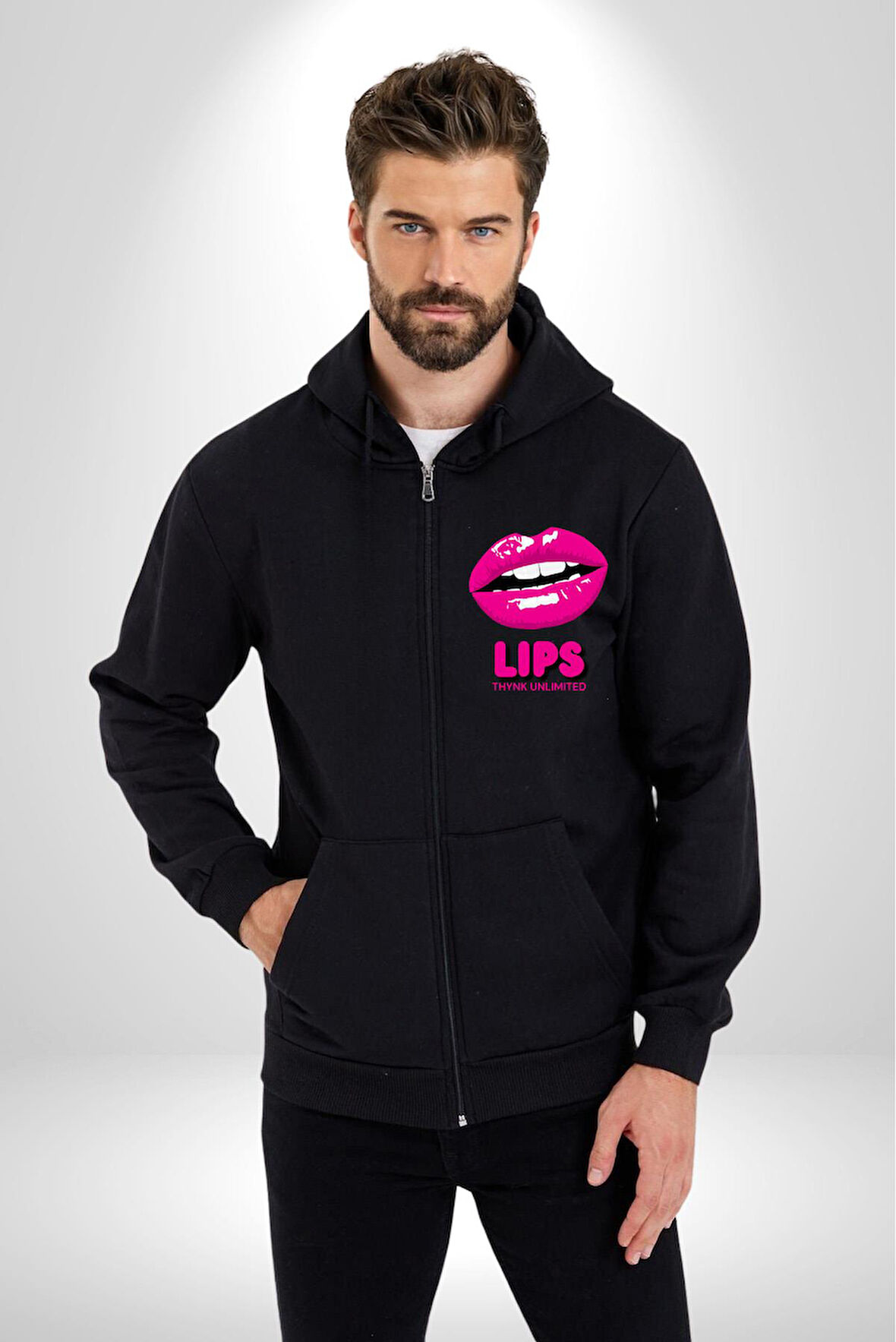 Lips Ruj Pembe Dudak Sınırsız Düşün Erkek Kadın Siyah Fermuarlı Baskılı Hırka Sweatshirt