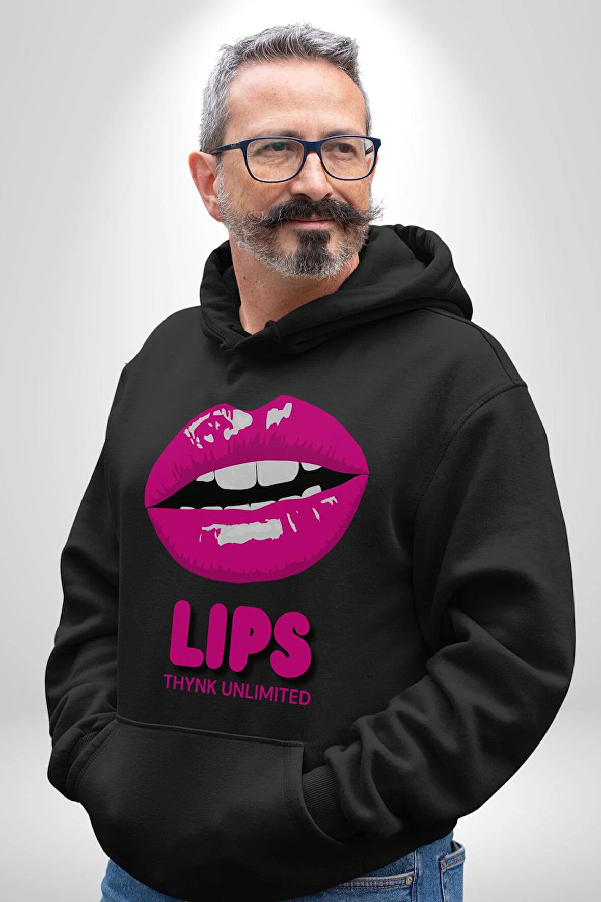 Lips Ruj Pembe Dudak Sınırsız Düşün Erkek Kadın Siyah Dijital Baskılı Kapüşonlu Sweatshirt Hoodie