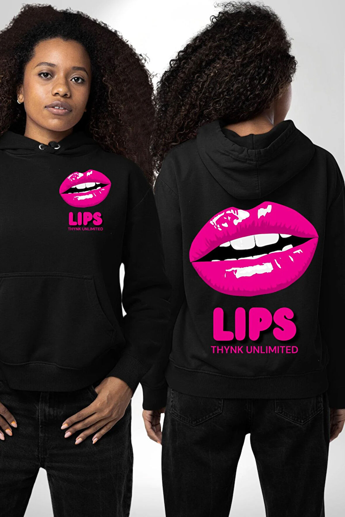 Lips Ruj Pembe Dudak Sınırsız Düşün Erkek Kadın Siyah Ön Sırt Baskılı Kapüşonlu Sweatshirt Hoodie