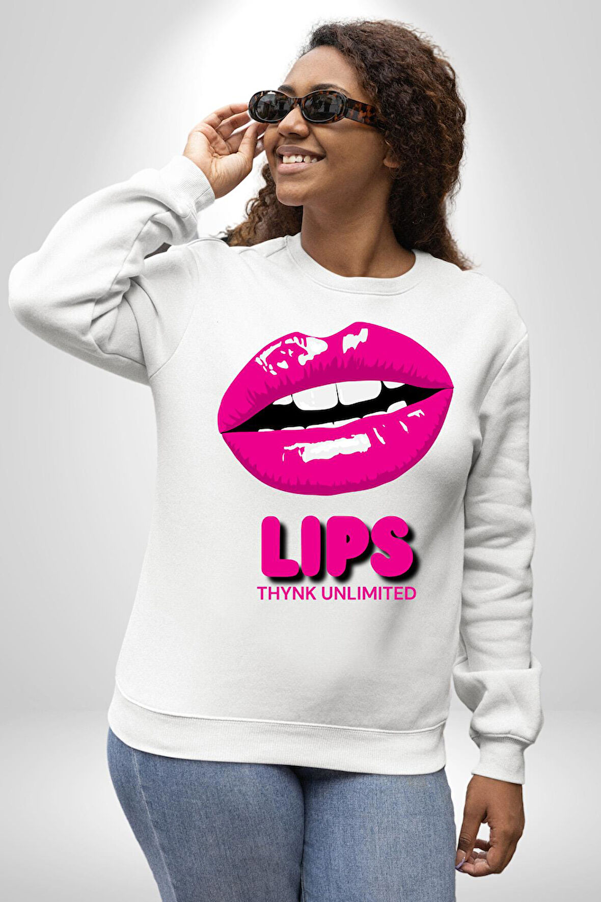 Lips Ruj Pembe Dudak Sınırsız Düşün Erkek Kadın Unisex Dijital Baskılı Beyaz Sweatshirt