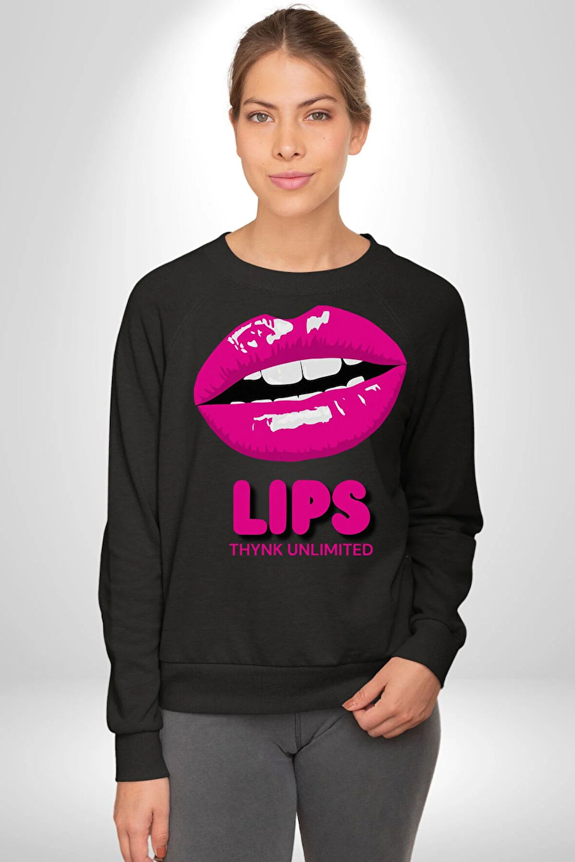 Lips Ruj Pembe Dudak Sınırsız Düşün Erkek Kadın Unisex Dijital Baskılı Siyah Sweatshirt