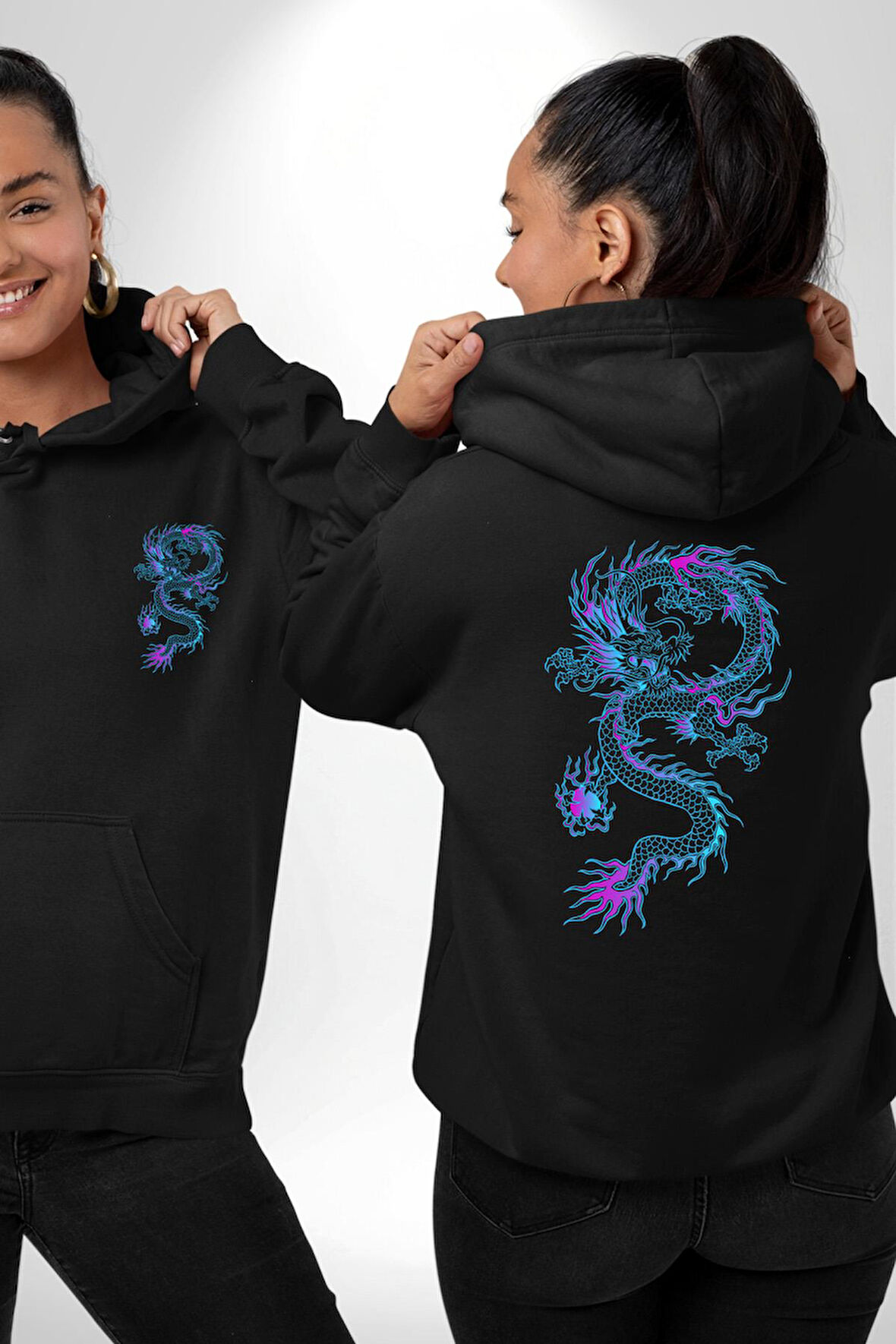 Çin Sitili Ejderha Bereket Tanrısı Erkek Kadın Siyah Ön Sırt Baskılı Kapüşonlu Sweatshirt Hoodie