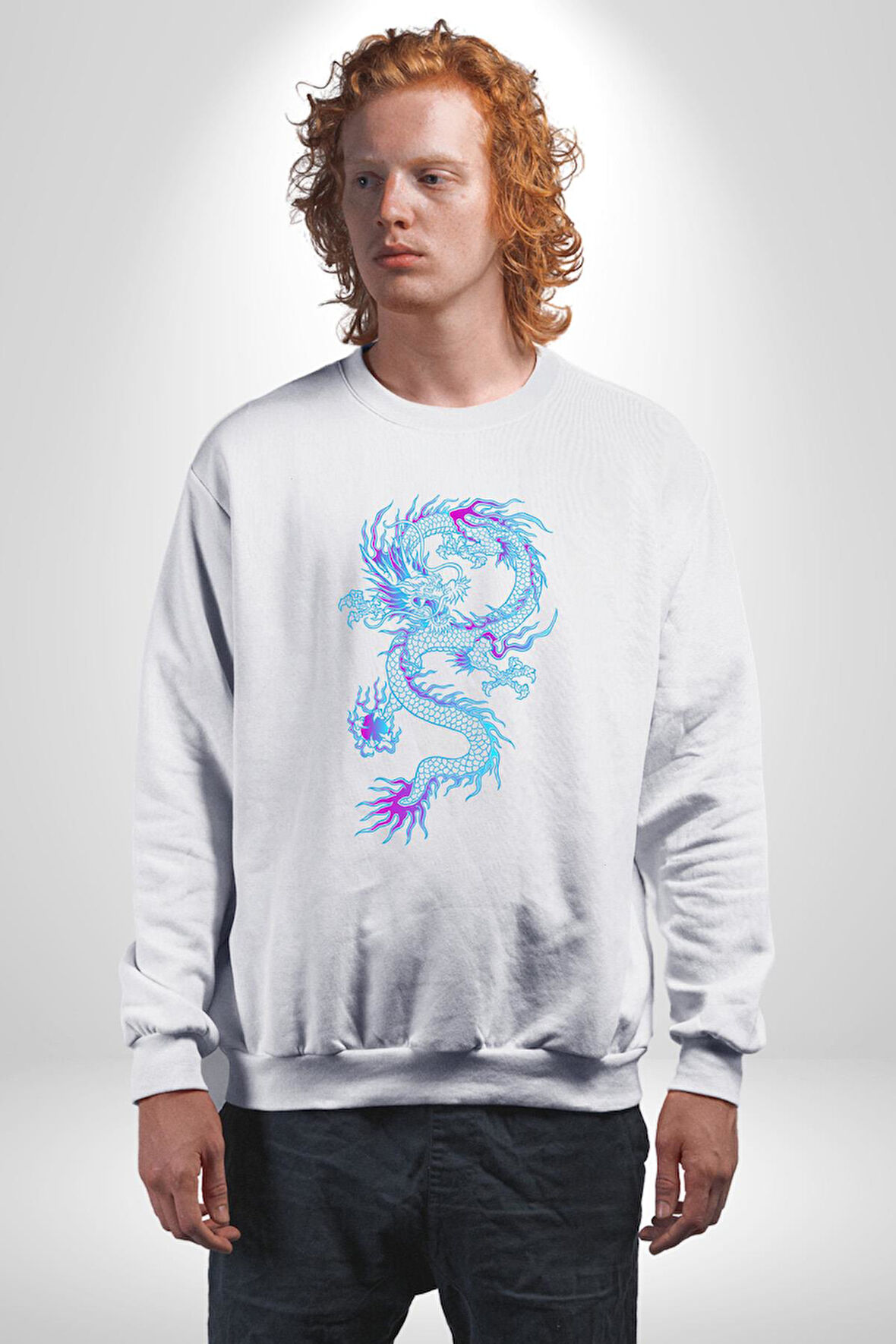 Çin Sitili Ejderha Bereket Tanrısı Erkek Kadın Unisex Dijital Baskılı Beyaz Sweatshirt