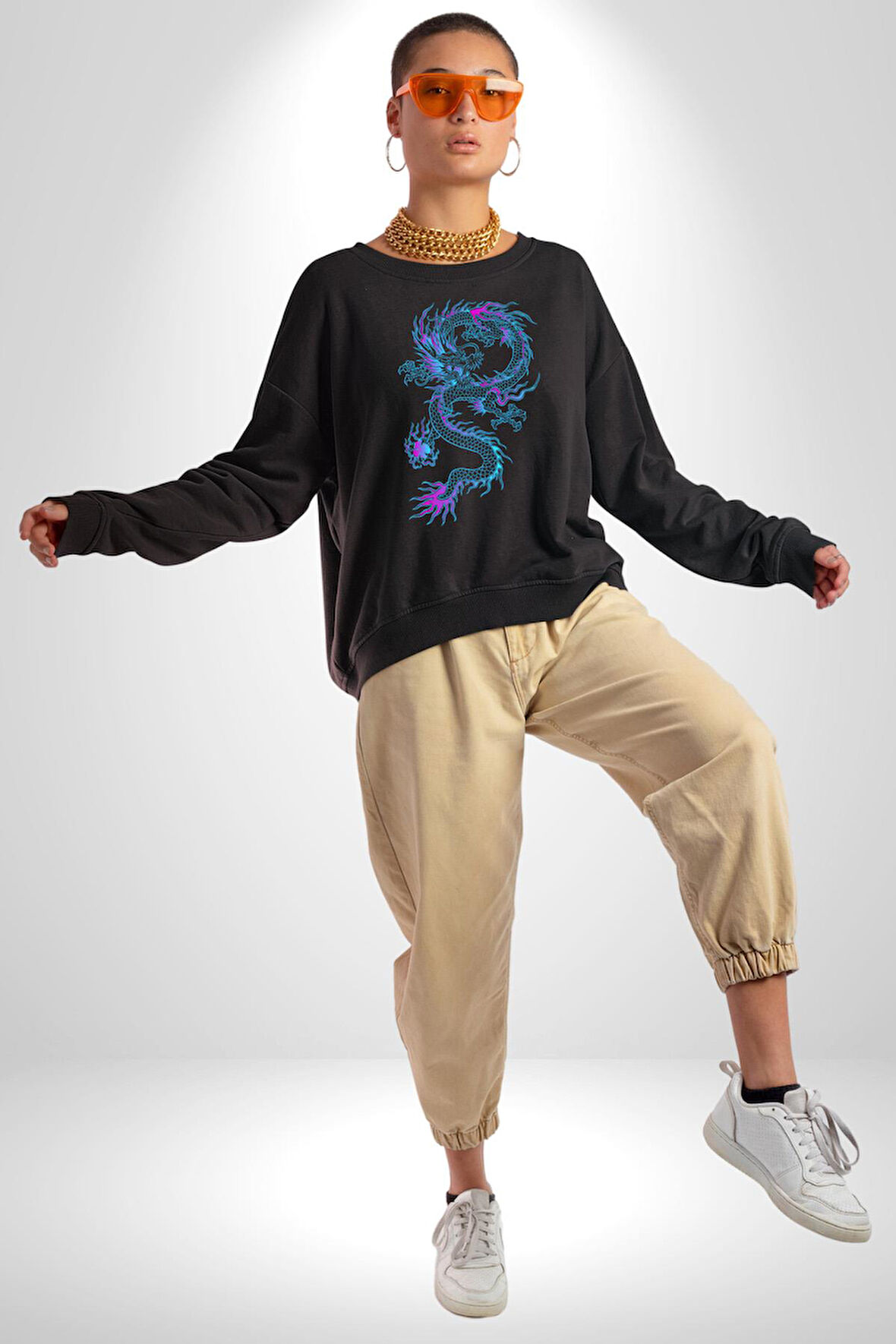 Çin Sitili Ejderha Bereket Tanrısı Erkek Kadın Unisex Dijital Baskılı Siyah Sweatshirt