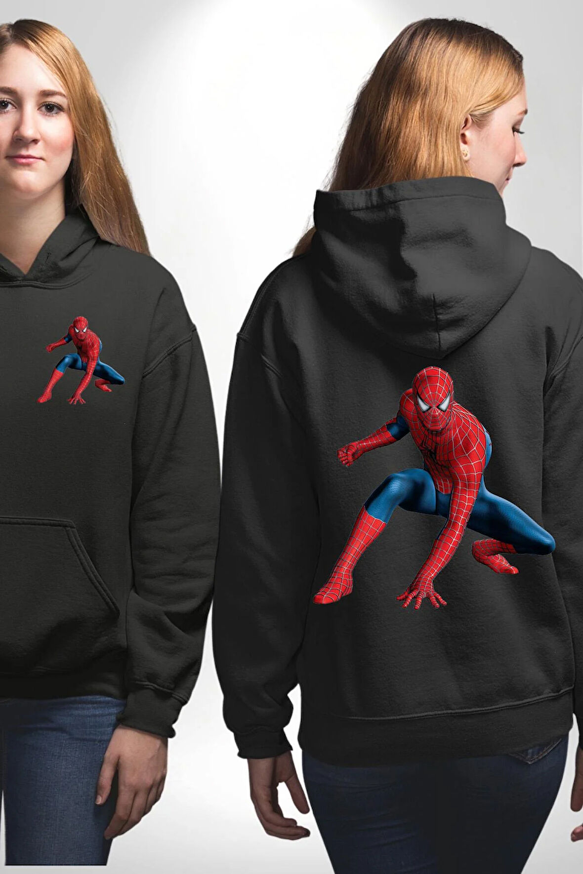 Spiderman Kahraman Erkek Kadın Siyah Ön Sırt Baskılı Kapüşonlu Sweatshirt Hoodie