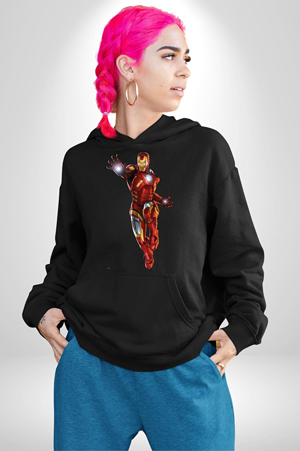 İron Man Demir Adam Erkek Kadın Siyah Dijital Baskılı Kapüşonlu Sweatshirt Hoodie