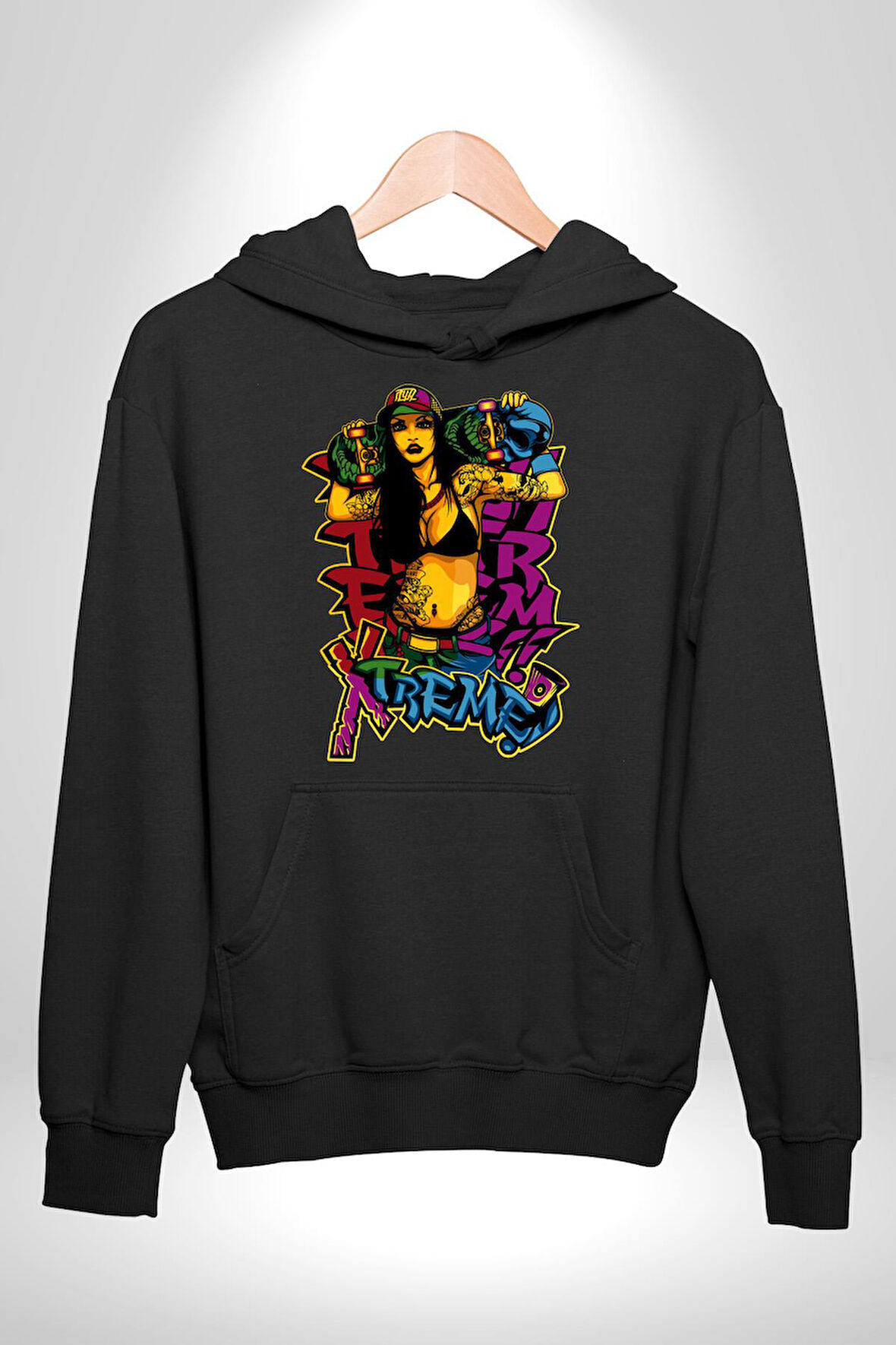 Kayakcı Kız  Erkek Kadın Siyah Dijital Baskılı Kapüşonlu Sweatshirt Hoodie