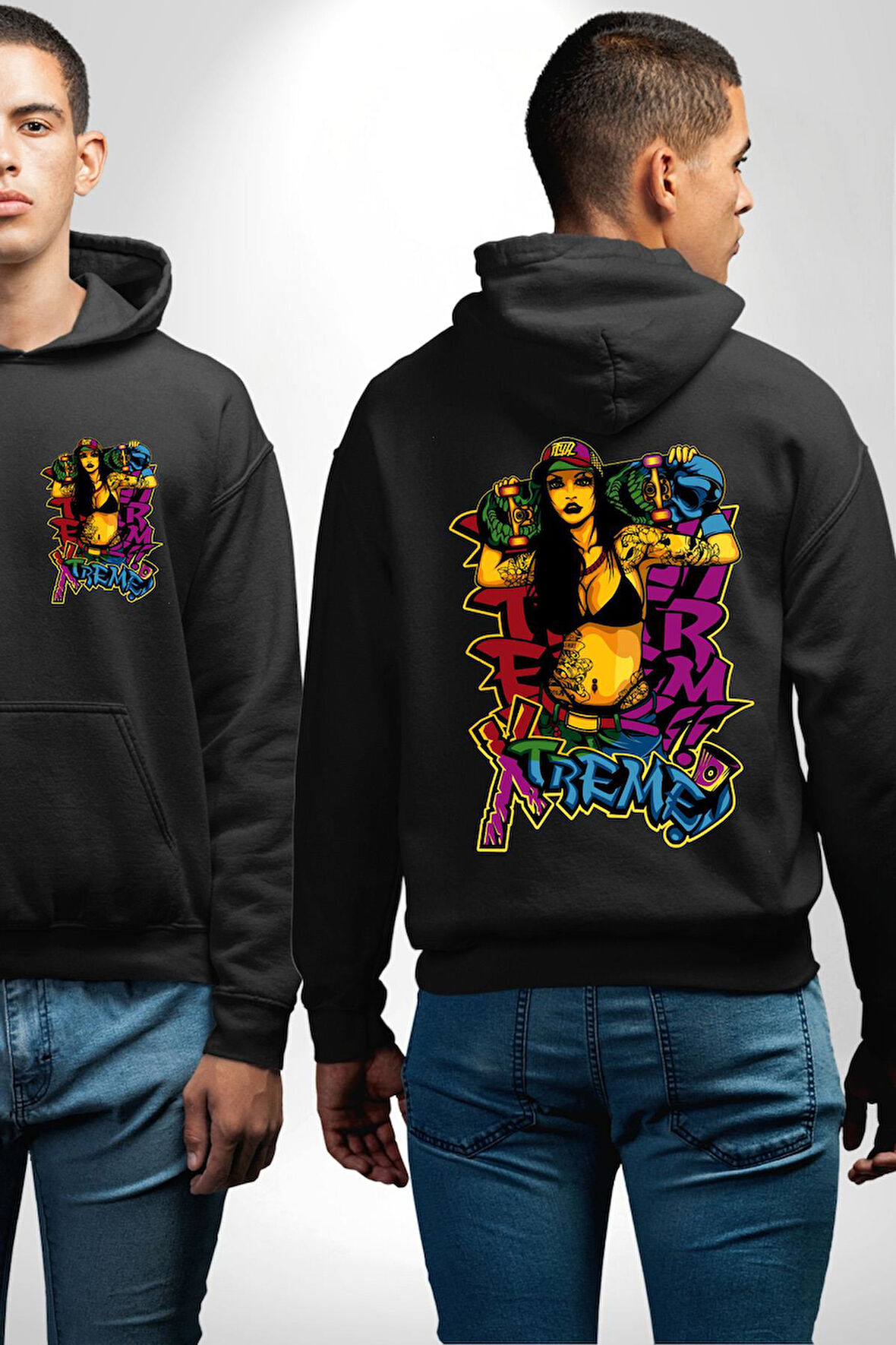 Kayakcı Kız  Erkek Kadın Siyah Ön Sırt Baskılı Kapüşonlu Sweatshirt Hoodie