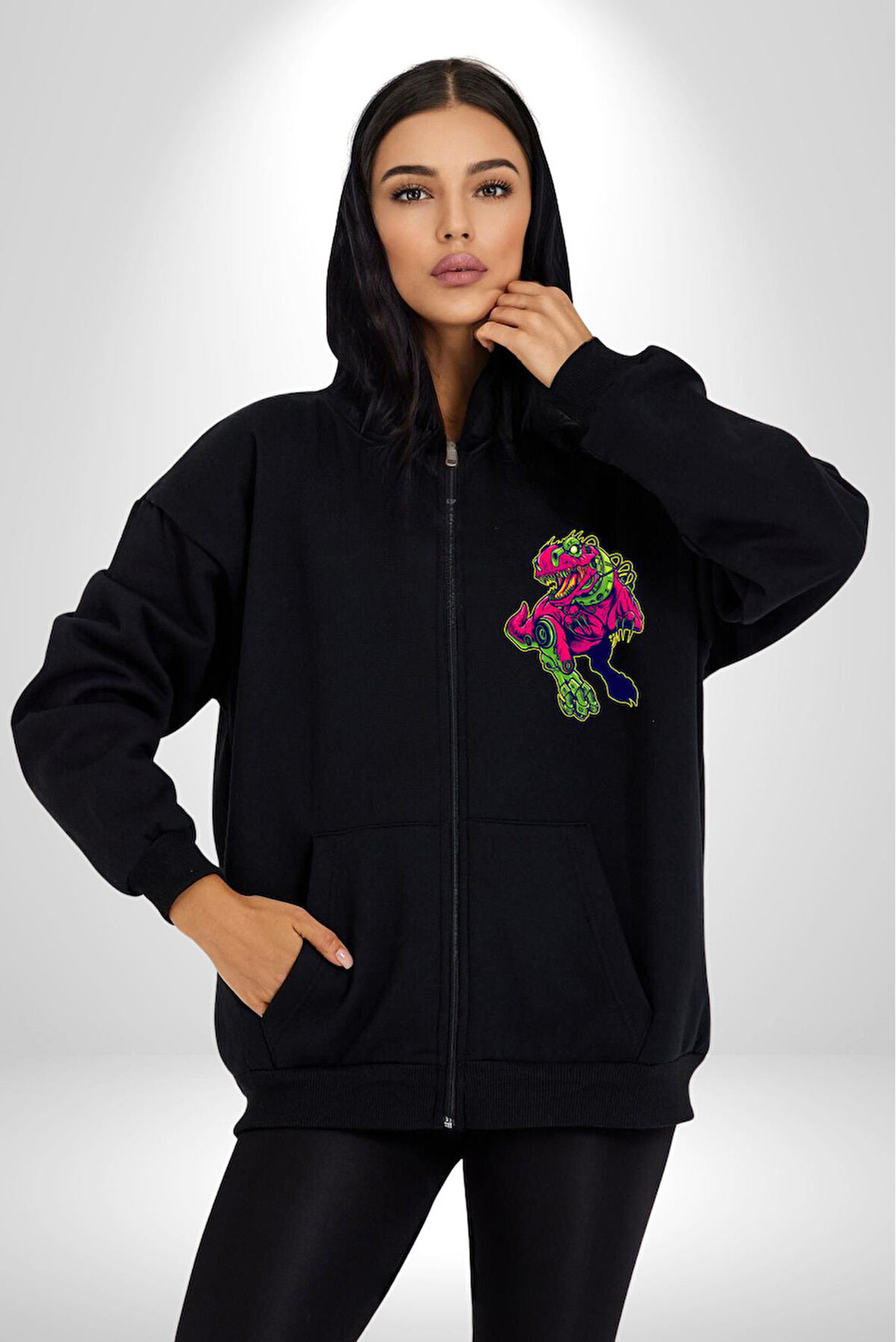 CyberRex Neon ve Futuristik Dinozor Grafik
 Erkek Kadın Siyah Fermuarlı Baskılı Hırka Sweatshirt