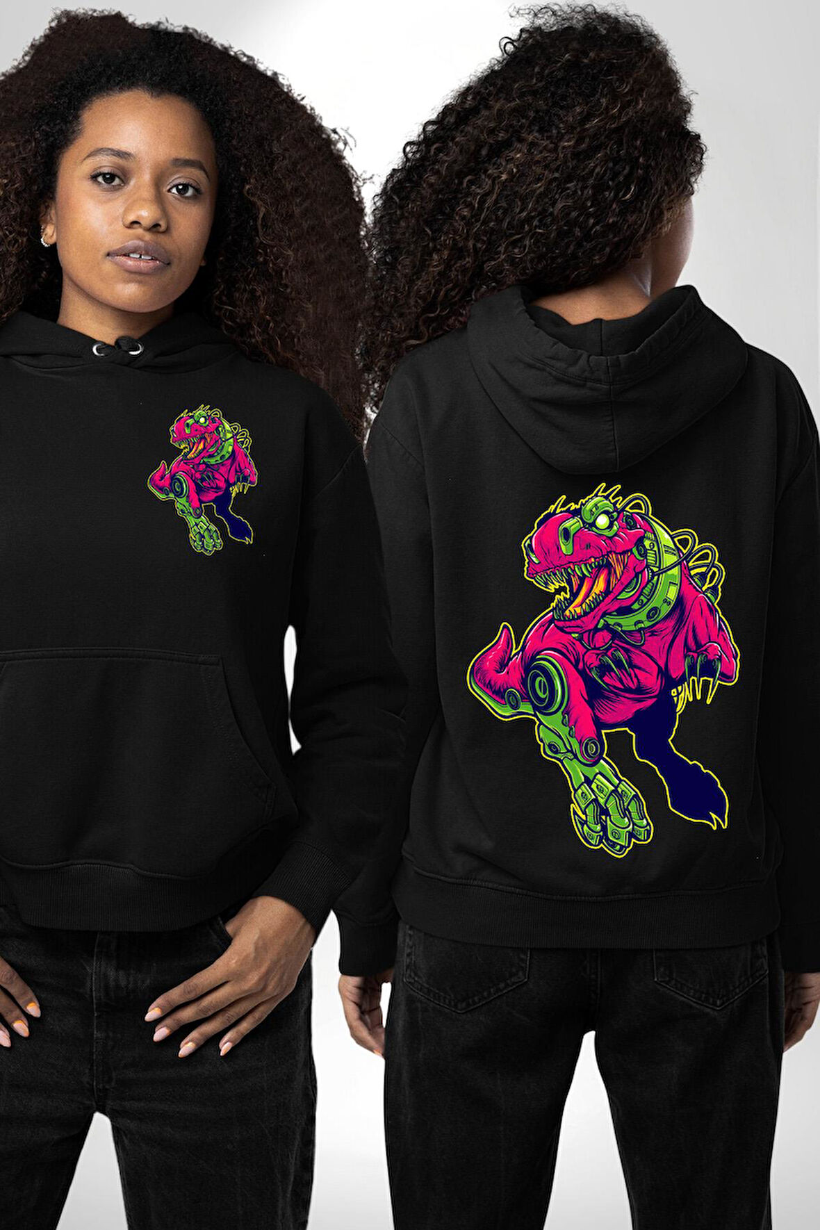 CyberRex Neon ve Futuristik Dinozor Grafik
 Erkek Kadın Siyah Ön Sırt Baskılı Kapüşonlu Sweatshirt Hoodie