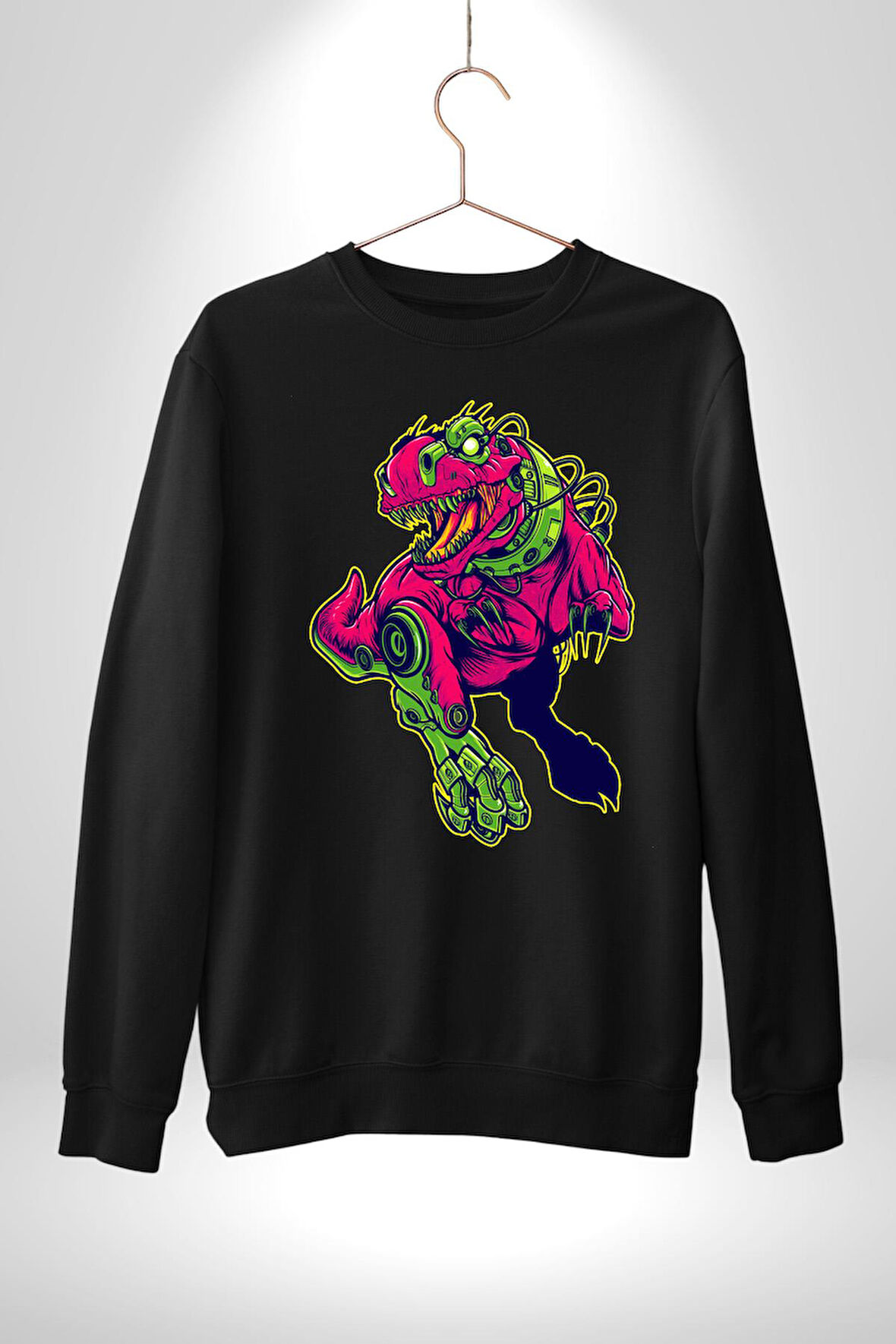 CyberRex Neon ve Futuristik Dinozor Grafik
 Erkek Kadın Unisex Dijital Baskılı Siyah Sweatshirt