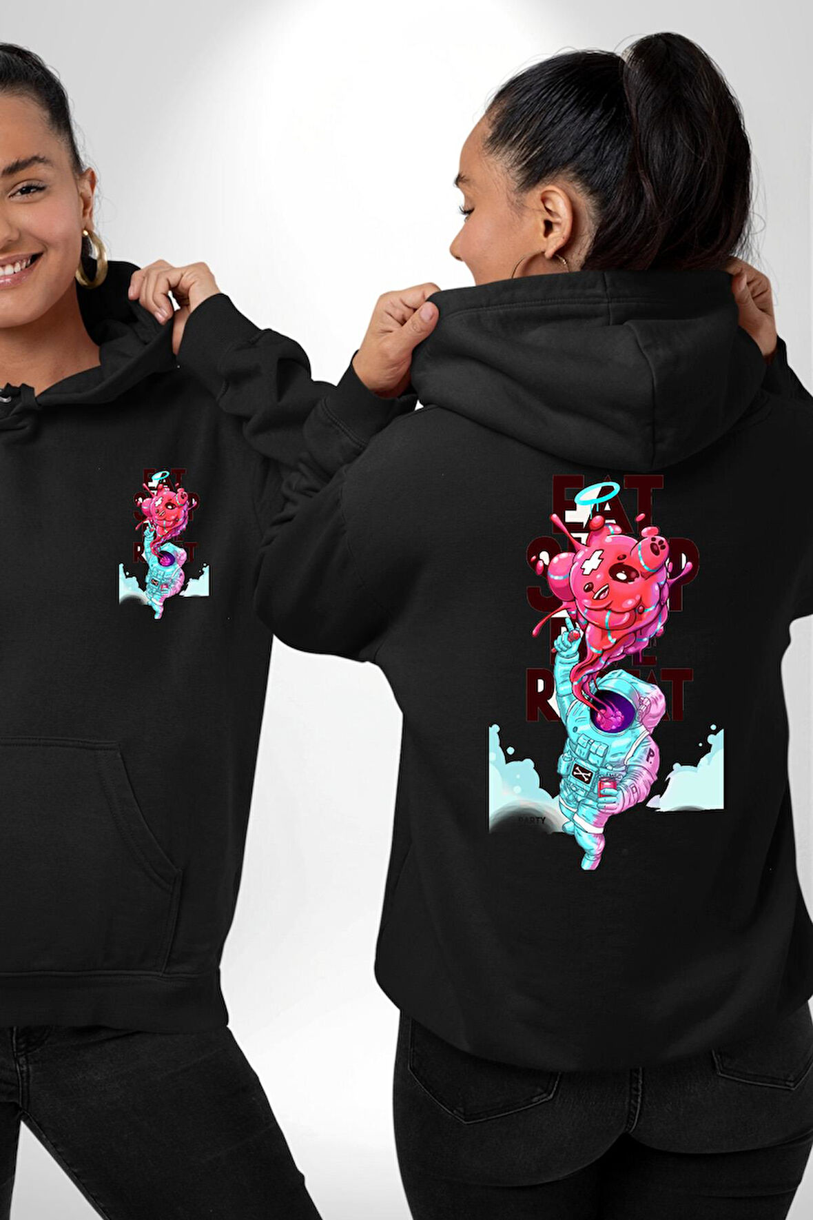 Space Party Astronaut Absürt Neon Renkli Uzay Erkek Kadın Siyah Ön Sırt Baskılı Kapüşonlu Sweatshirt Hoodie