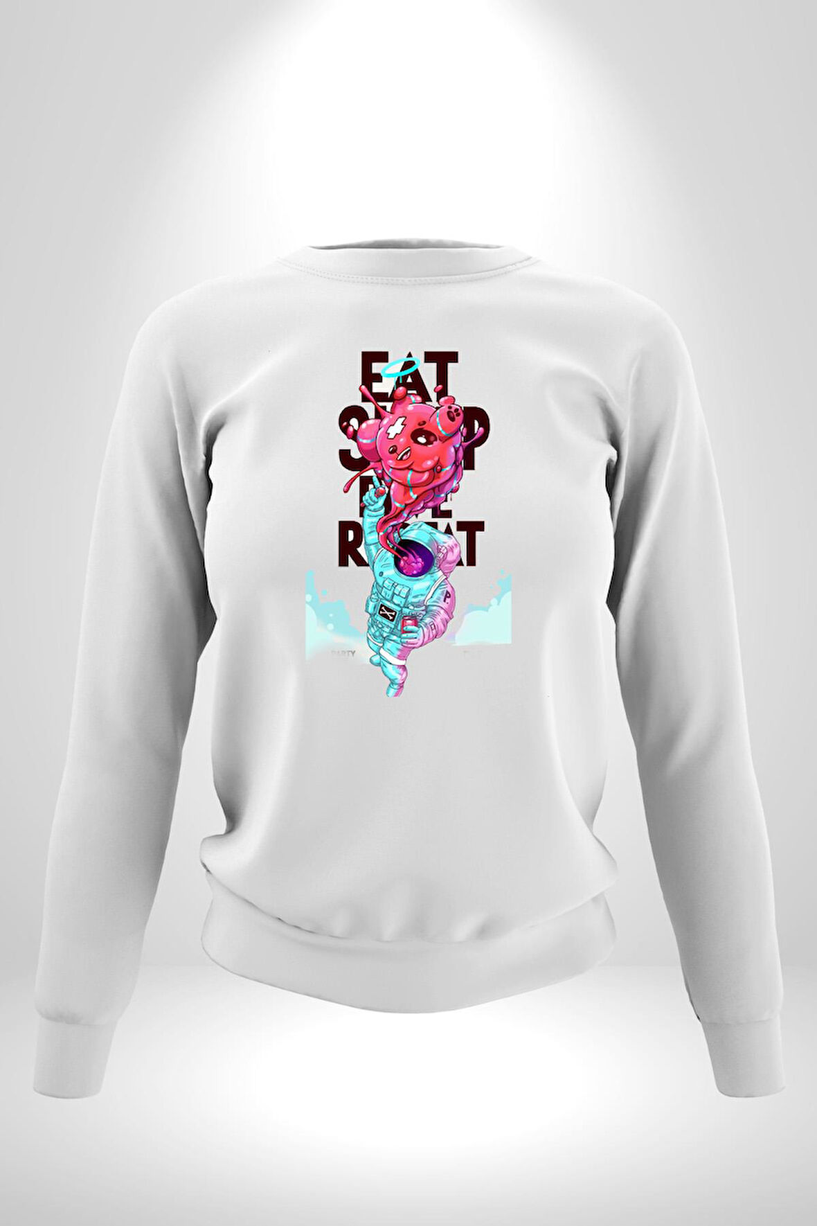 Space Party Astronaut Absürt Neon Renkli Uzay Erkek Kadın Unisex Dijital Baskılı Beyaz Sweatshirt
