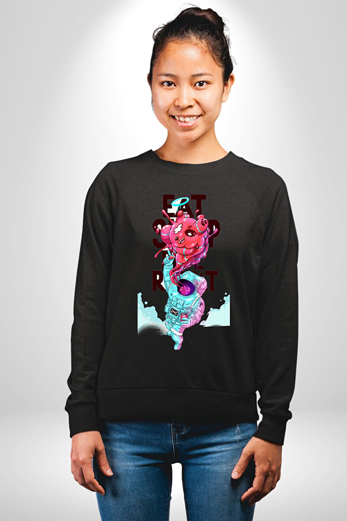 Space Party Astronaut Absürt Neon Renkli Uzay Erkek Kadın Unisex Dijital Baskılı Siyah Sweatshirt