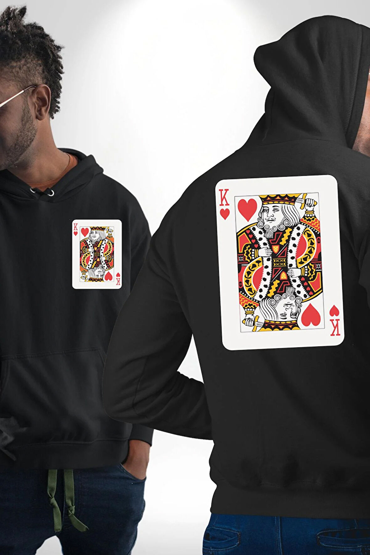 King of Hearts Klasik İskambil Kartı Grafiği Erkek Kadın Siyah Ön Sırt Baskılı Kapüşonlu Sweatshirt Hoodie