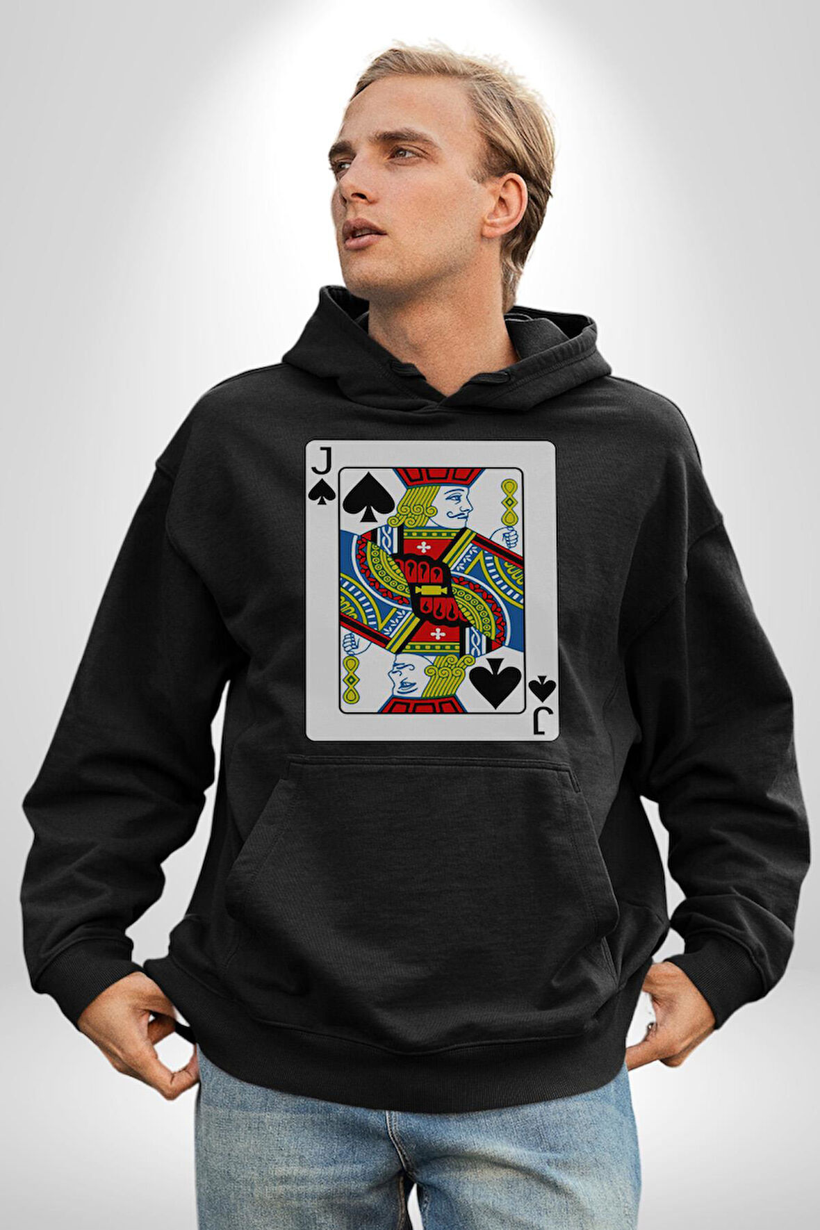 Jack of Spades Klasik İskambil Kartı Grafiği Erkek Kadın Siyah Dijital Baskılı Kapüşonlu Sweatshirt Hoodie