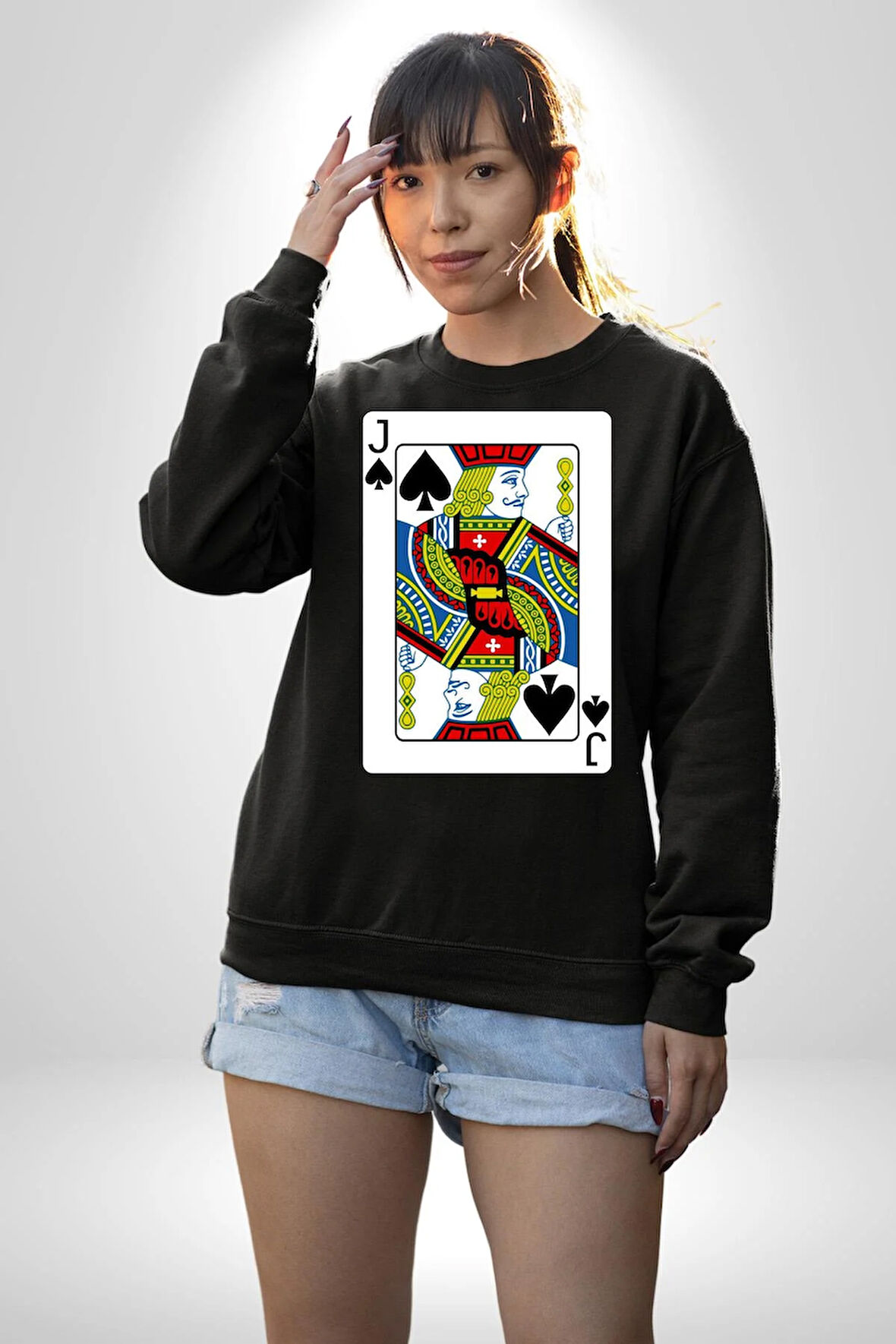 Jack of Spades Klasik İskambil Kartı Grafiği Erkek Kadın Unisex Dijital Baskılı Siyah Sweatshirt