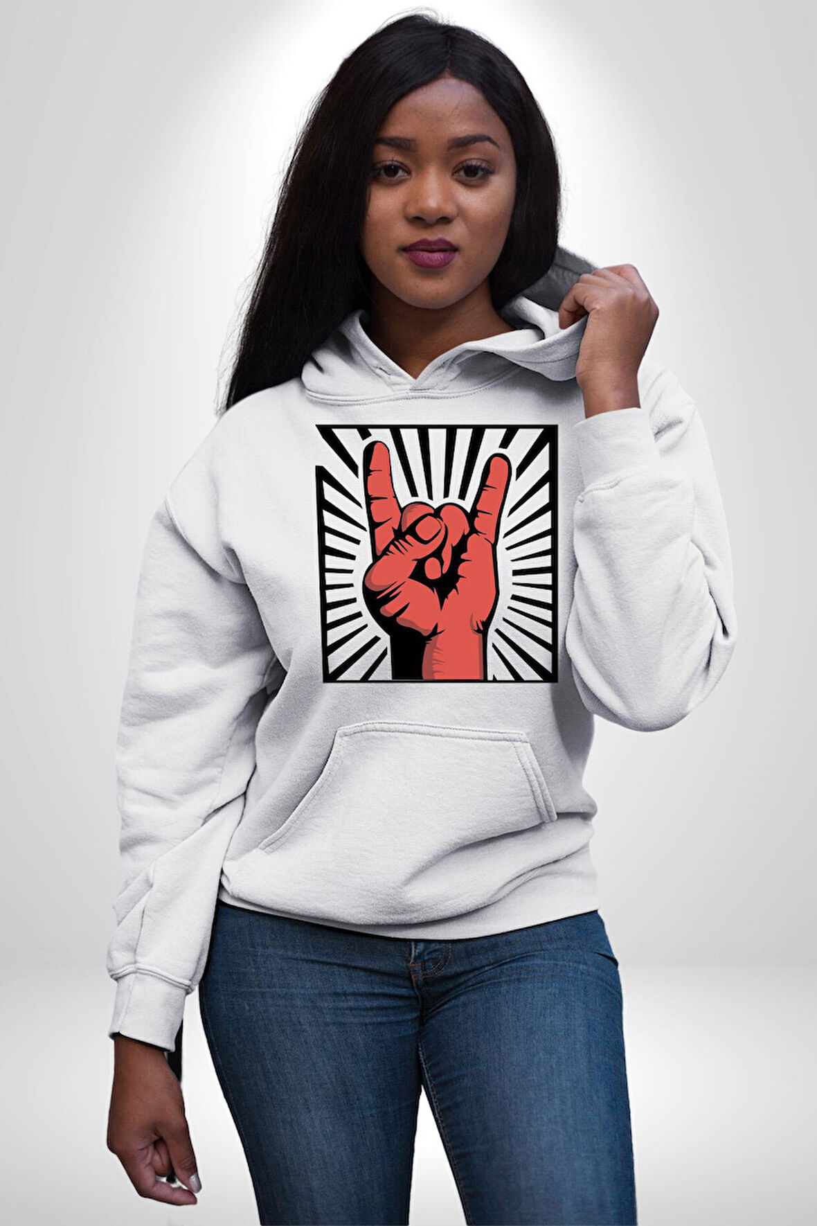 Rock On El İşareti Metal Horns Sembolü Erkek Kadın Beyaz Dijital Baskılı Kapüşonlu Sweatshirt Hoodie