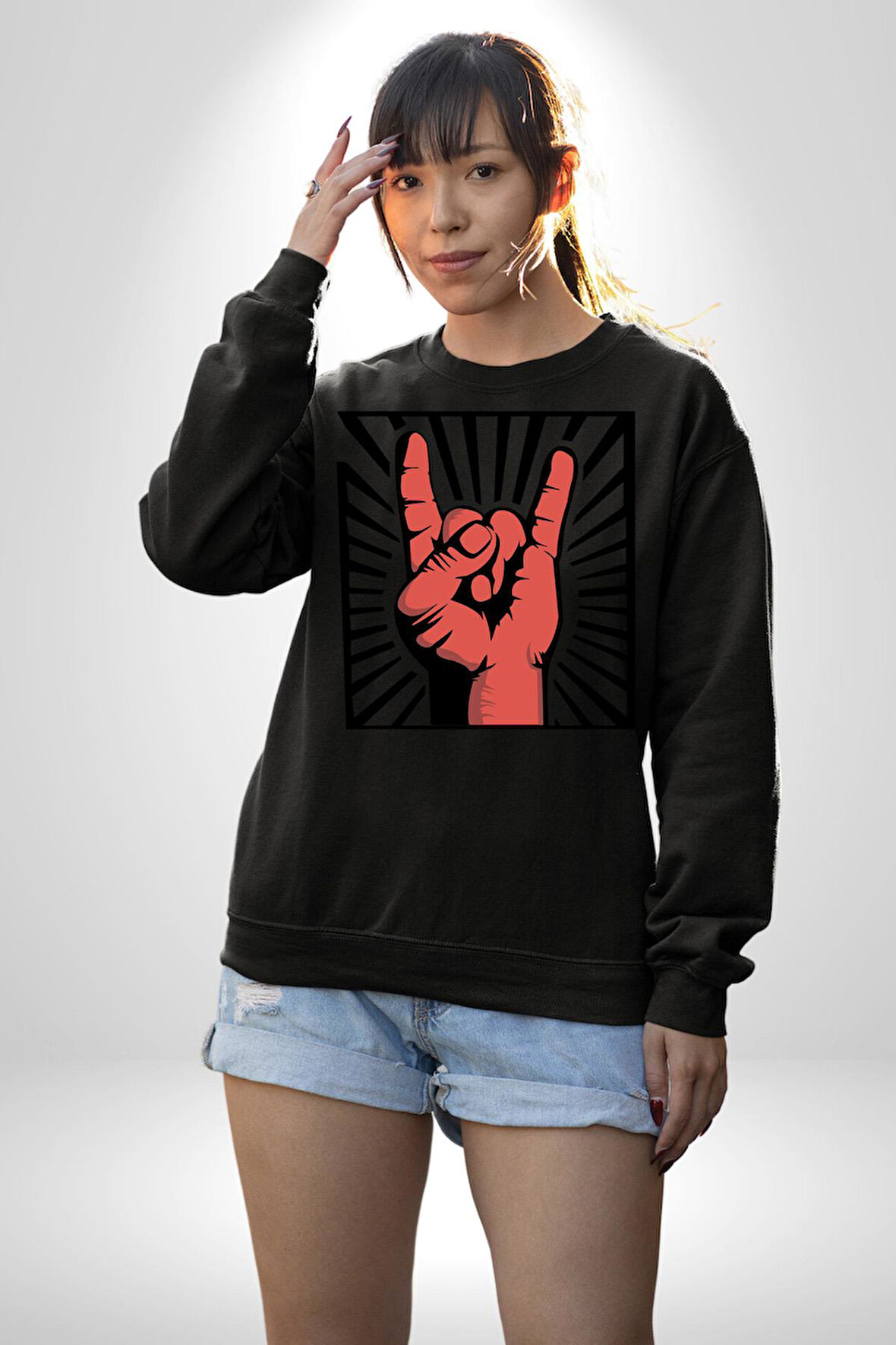 Rock On El İşareti Metal Horns Sembolü Erkek Kadın Unisex Dijital Baskılı Siyah Sweatshirt