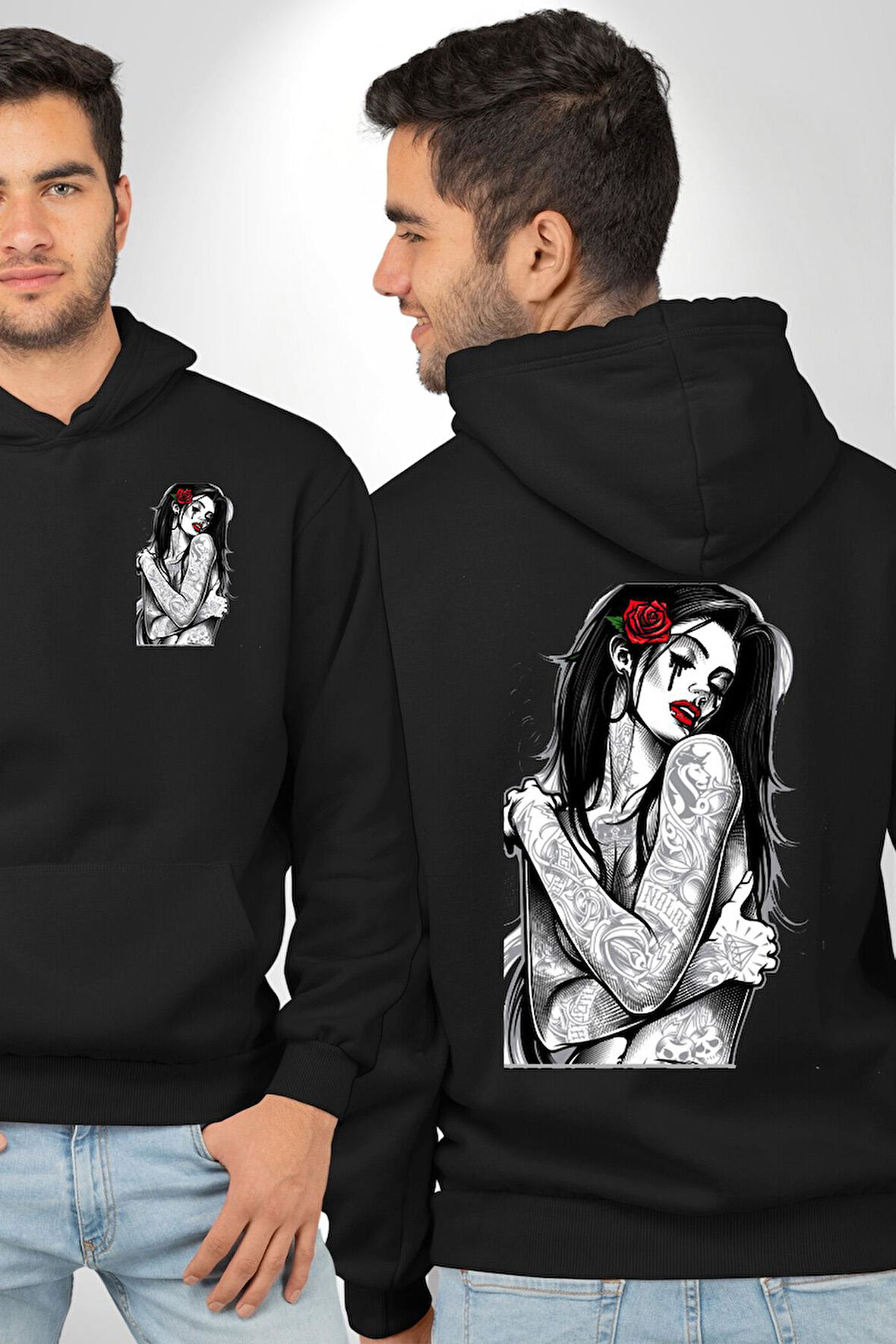 Tattooed Rose Lady Gothic Dövme Sanatı Temalı Erkek Kadın Siyah Ön Sırt Baskılı Kapüşonlu Sweatshirt Hoodie