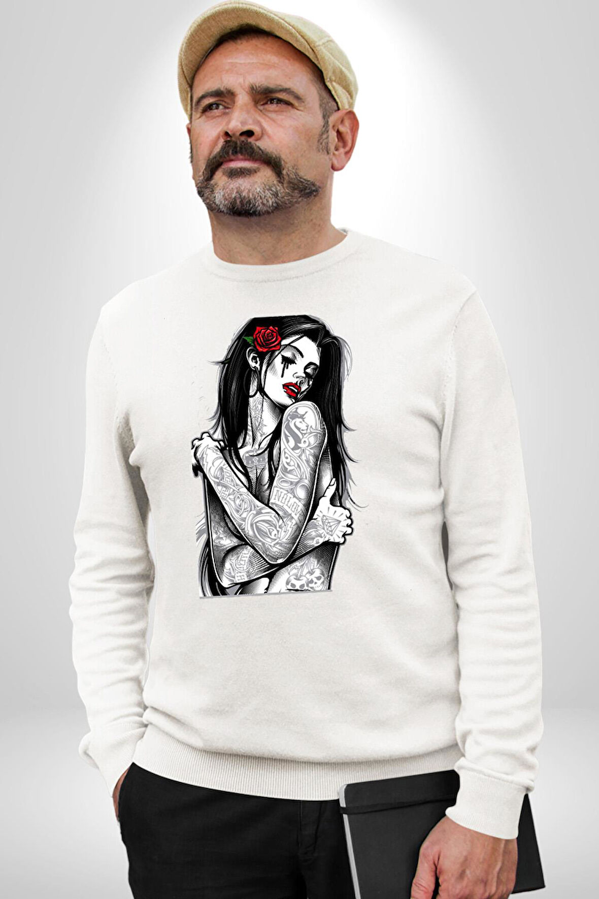 Tattooed Rose Lady Gothic Dövme Sanatı Temalı Erkek Kadın Unisex Dijital Baskılı Beyaz Sweatshirt