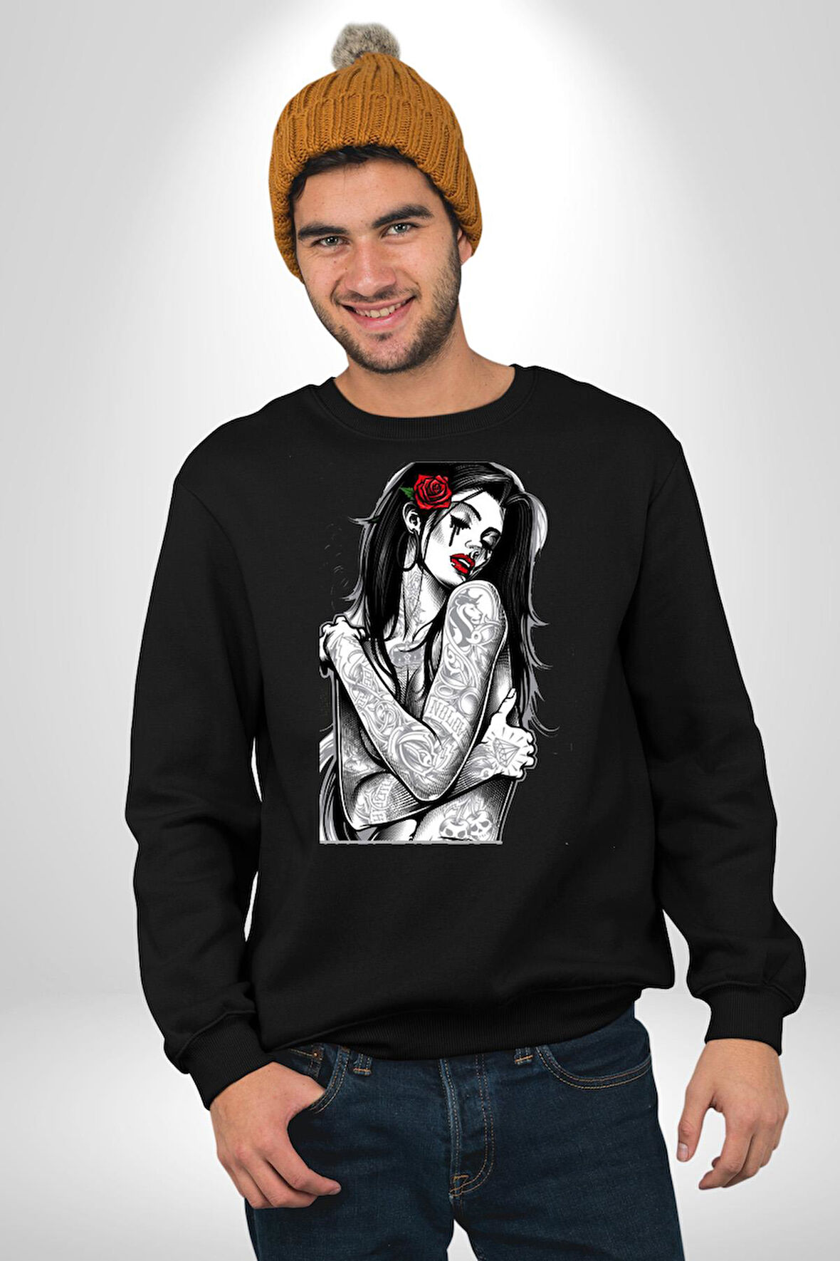 Tattooed Rose Lady Gothic Dövme Sanatı Temalı Erkek Kadın Unisex Dijital Baskılı Siyah Sweatshirt