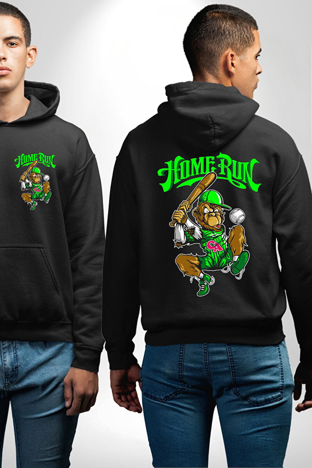 Home Run Monkey Beyzbol Eğlenceli Karakter Erkek Kadın Siyah Ön Sırt Baskılı Kapüşonlu Sweatshirt Hoodie