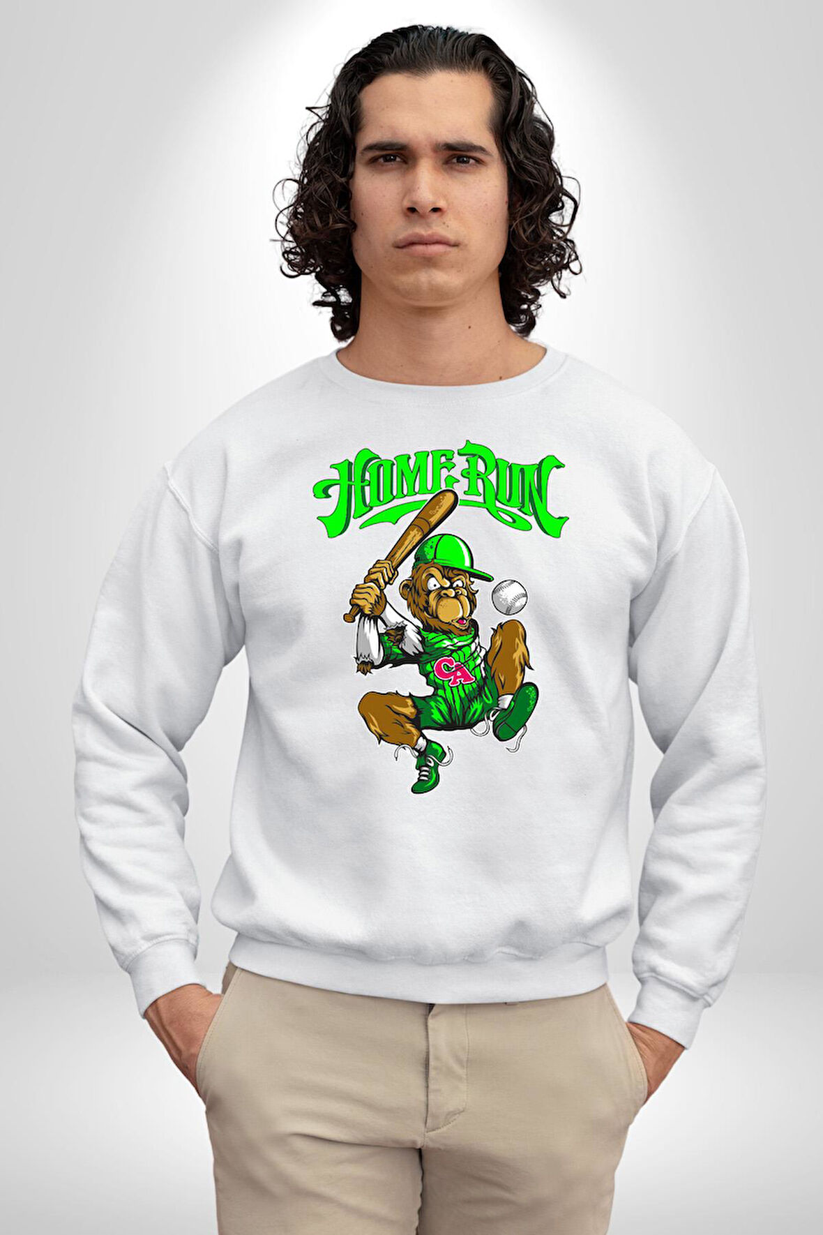 Home Run Monkey Beyzbol Eğlenceli Karakter Erkek Kadın Unisex Dijital Baskılı Beyaz Sweatshirt