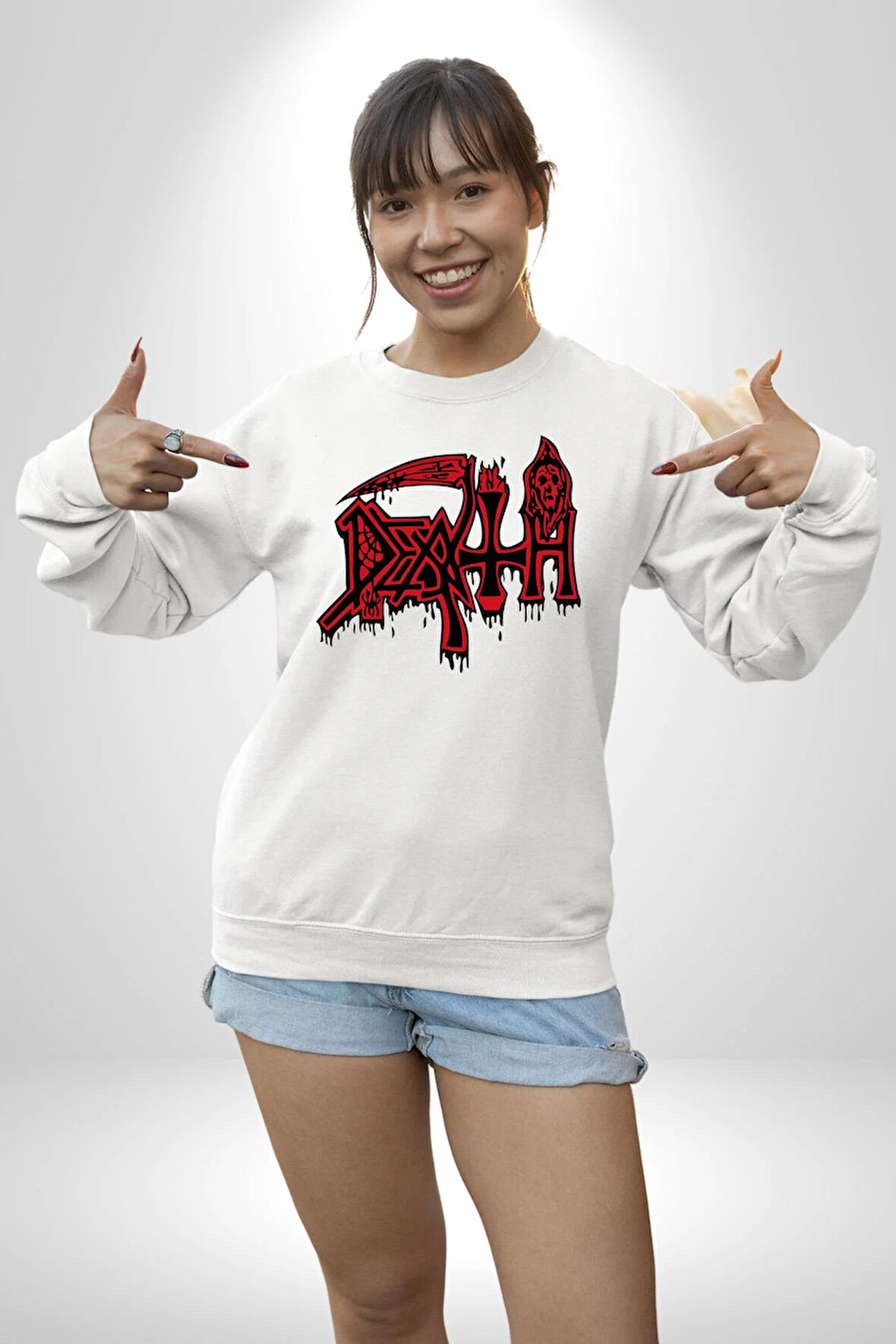 Death Metal Gotik ve Korku Temalı Tasarım Erkek Kadın Unisex Dijital Baskılı Beyaz Sweatshirt
