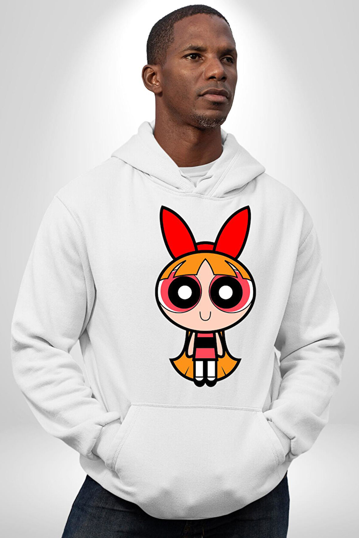 Blossom - Powerpuff Girls Karakter Tasarımı Erkek Kadın Beyaz Dijital Baskılı Kapüşonlu Sweatshirt Hoodie