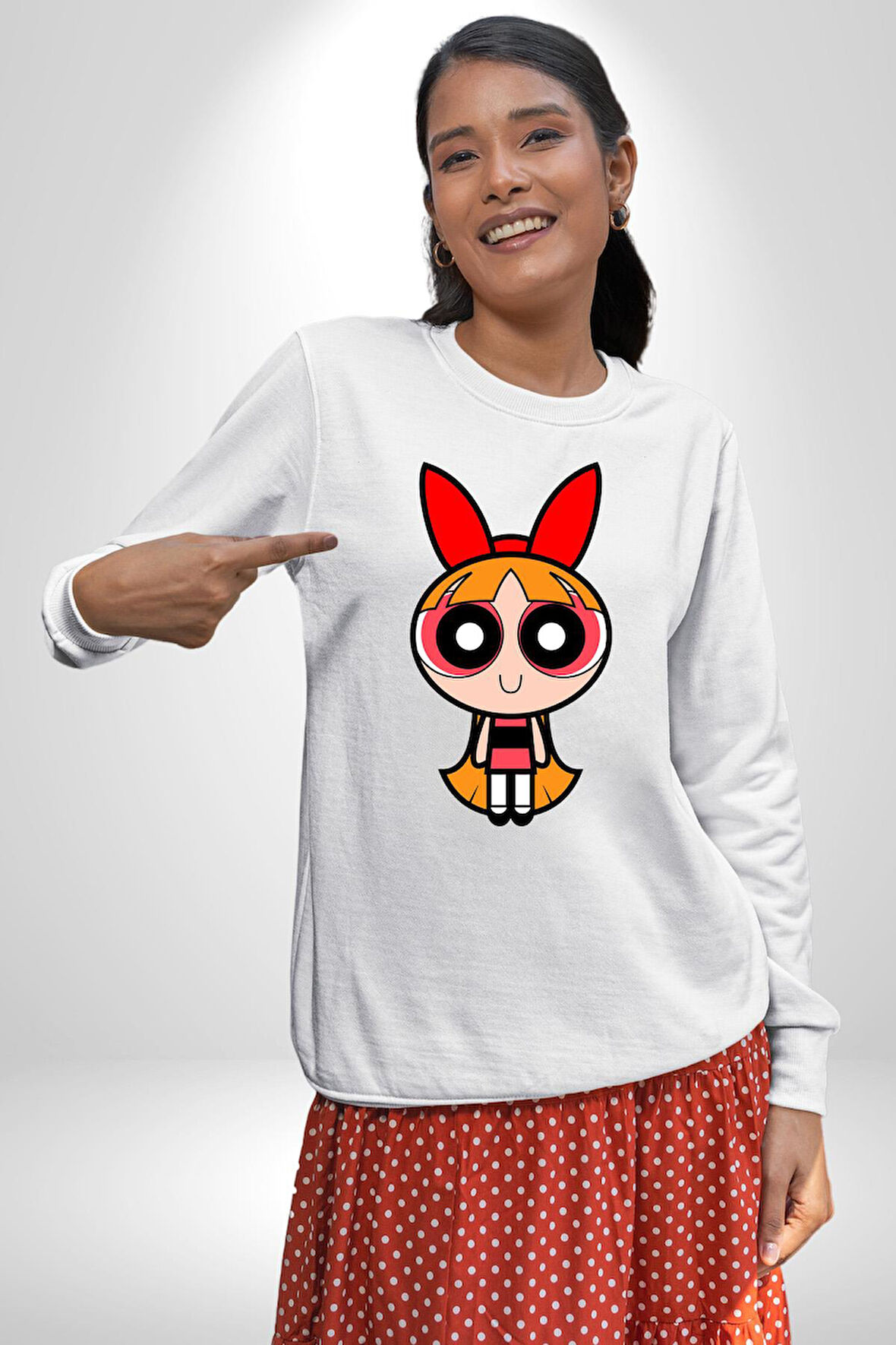 Blossom - Powerpuff Girls Karakter Tasarımı Erkek Kadın Unisex Dijital Baskılı Beyaz Sweatshirt