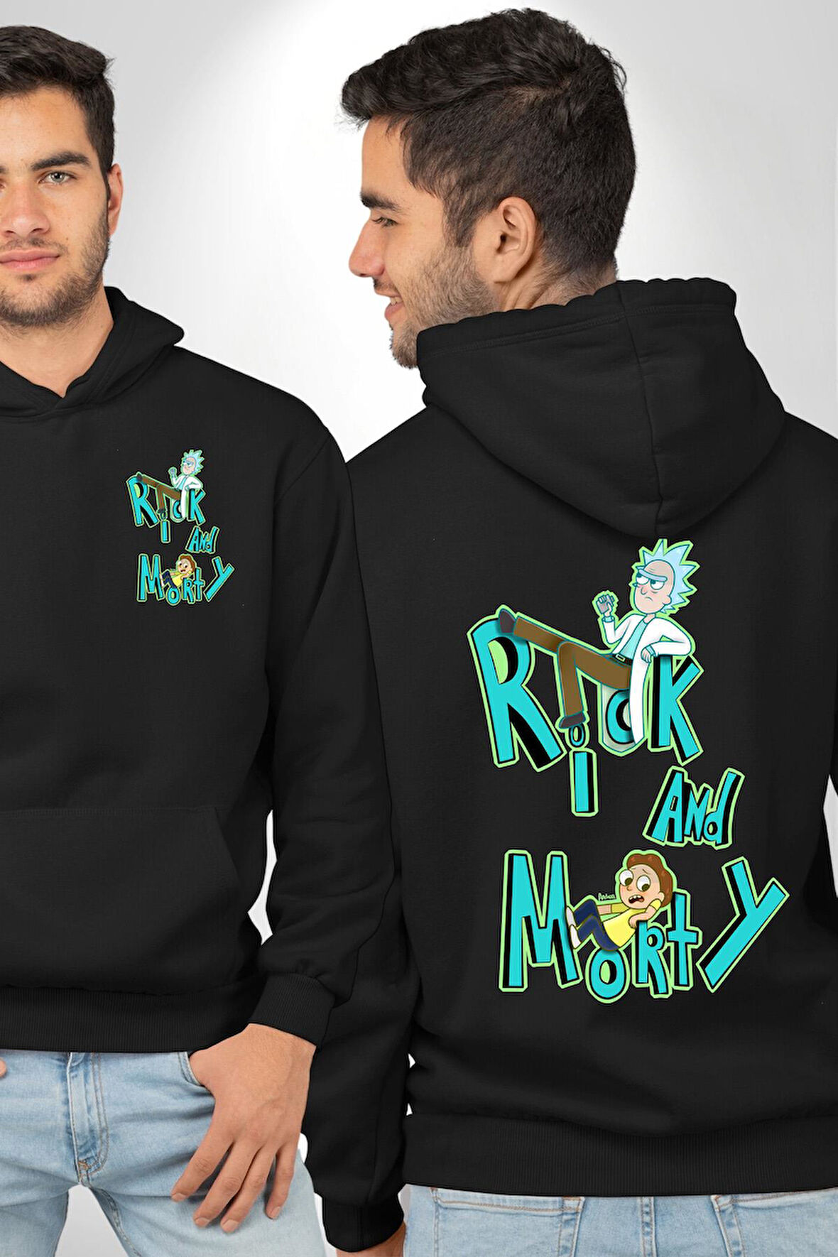 Rick and Morty - Bilim Kurgu Macera Teması Erkek Kadın Siyah Ön Sırt Baskılı Kapüşonlu Sweatshirt Hoodie