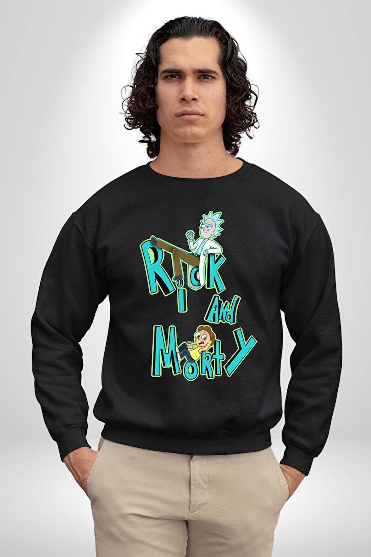 Rick and Morty - Bilim Kurgu Macera Teması Erkek Kadın Unisex Dijital Baskılı Siyah Sweatshirt