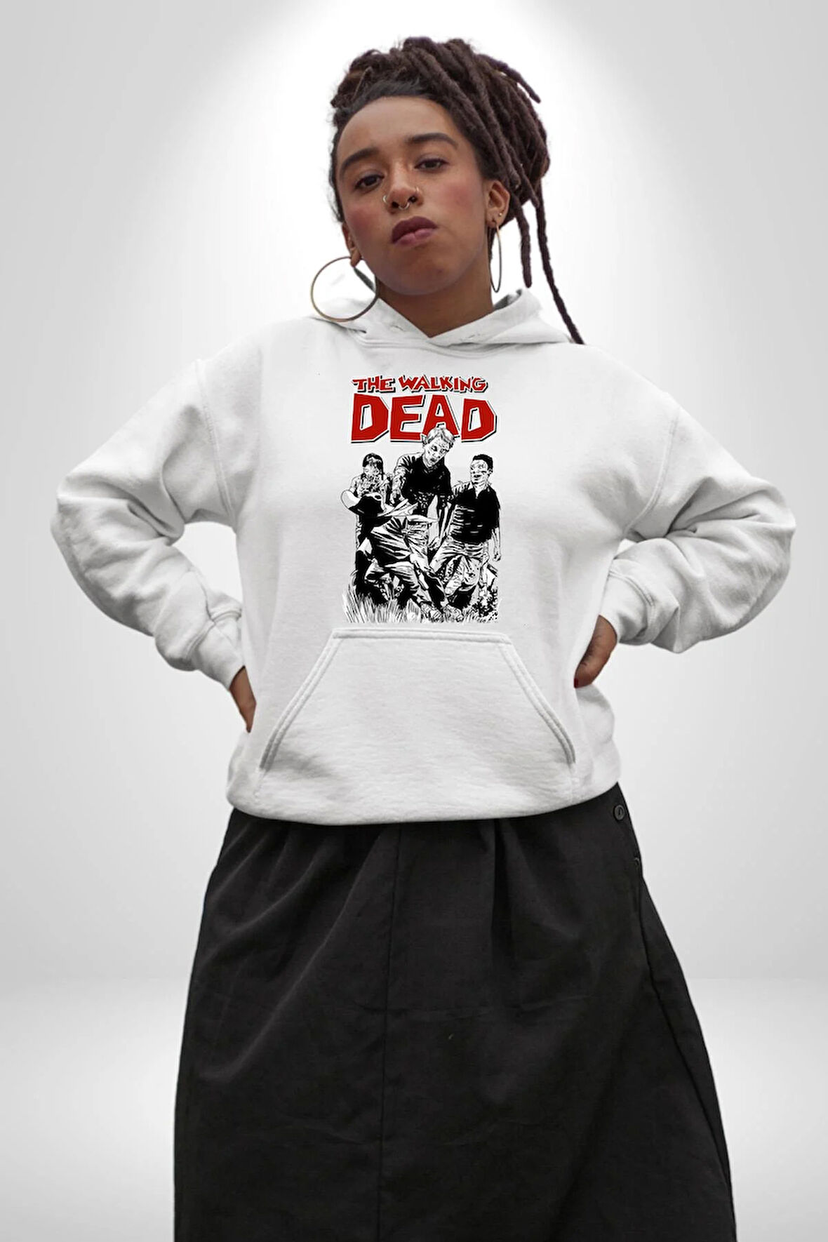 The Walking Dead - Rick Grimes ve Zombiler Erkek Kadın Beyaz Dijital Baskılı Kapüşonlu Sweatshirt Hoodie