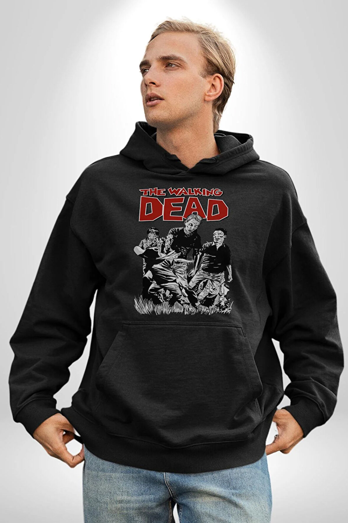 The Walking Dead - Rick Grimes ve Zombiler Erkek Kadın Siyah Dijital Baskılı Kapüşonlu Sweatshirt Hoodie