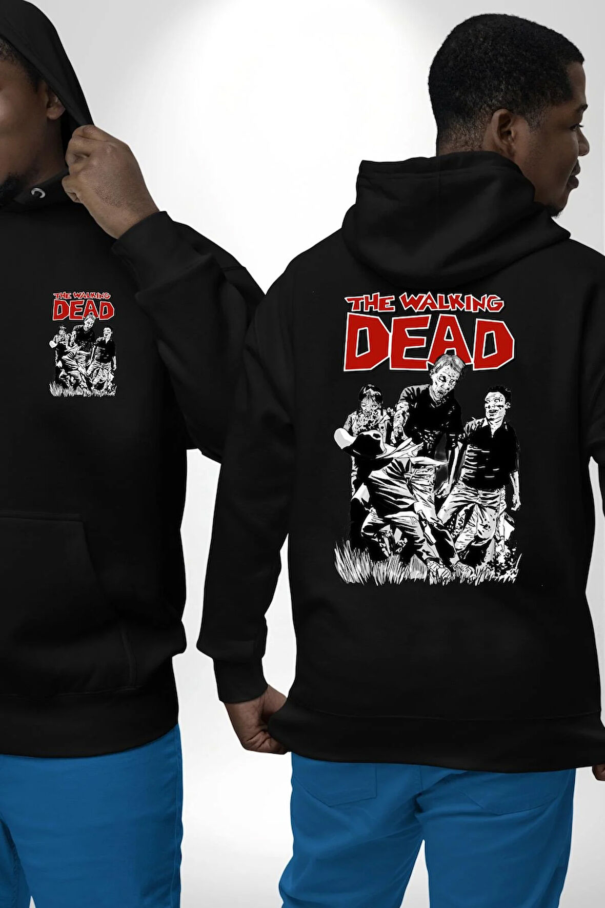 The Walking Dead - Rick Grimes ve Zombiler Erkek Kadın Siyah Ön Sırt Baskılı Kapüşonlu Sweatshirt Hoodie